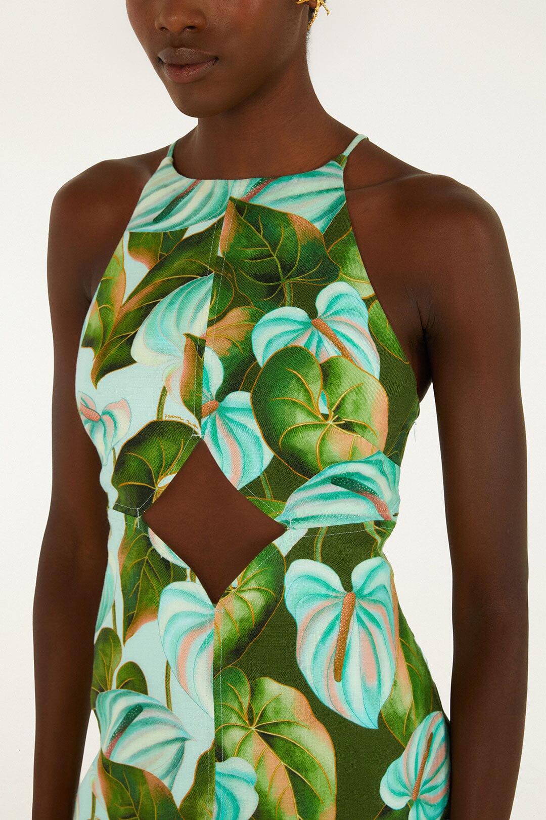 Green Anthurium Leaves Cut-Out Midi Dress - Image 3