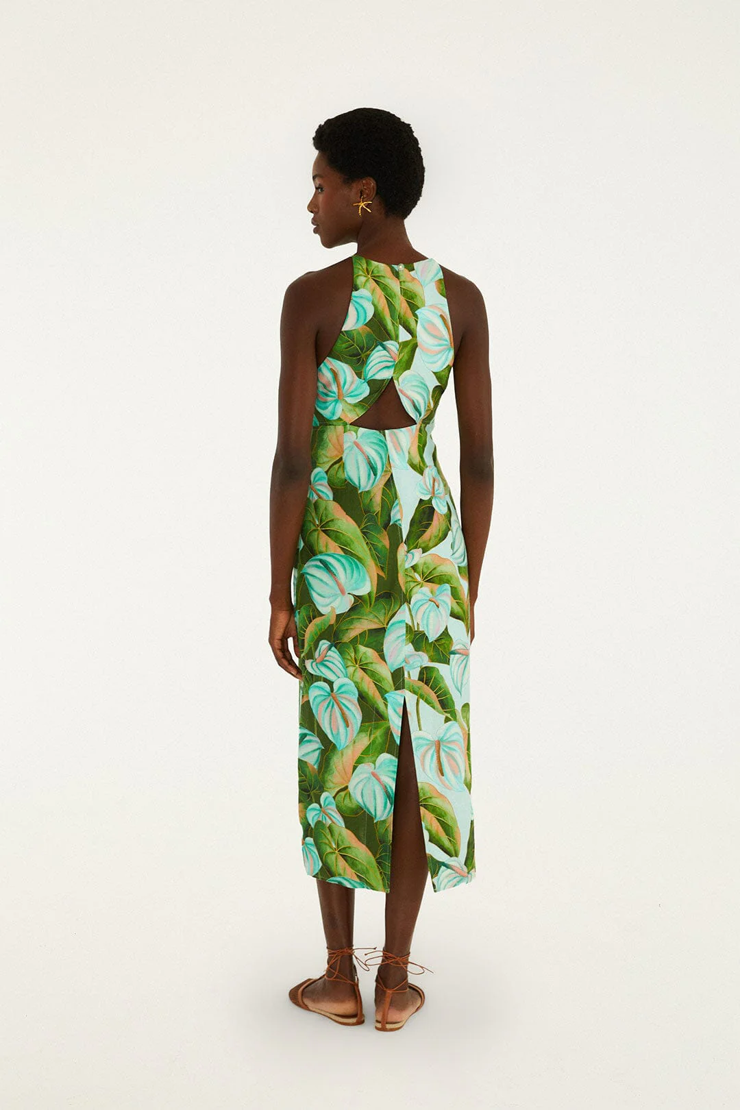 Green Anthurium Leaves Cut-Out Midi Dress - Image 4