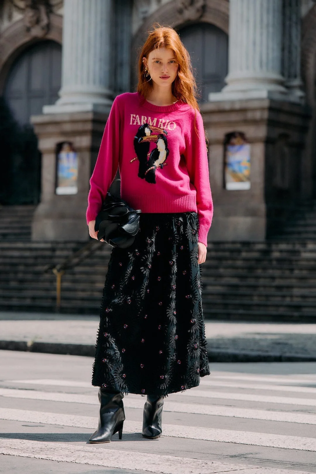 Black 3d Flowers Embroidered Midi Skirt