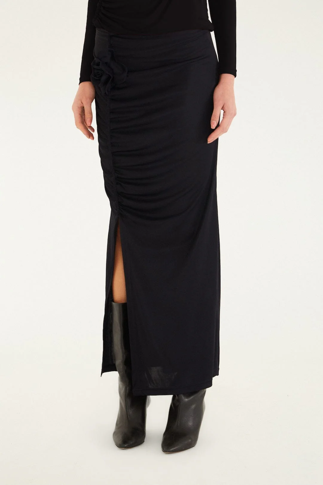 Black Flower Draped Side Slit Midi Skirt - Image 2