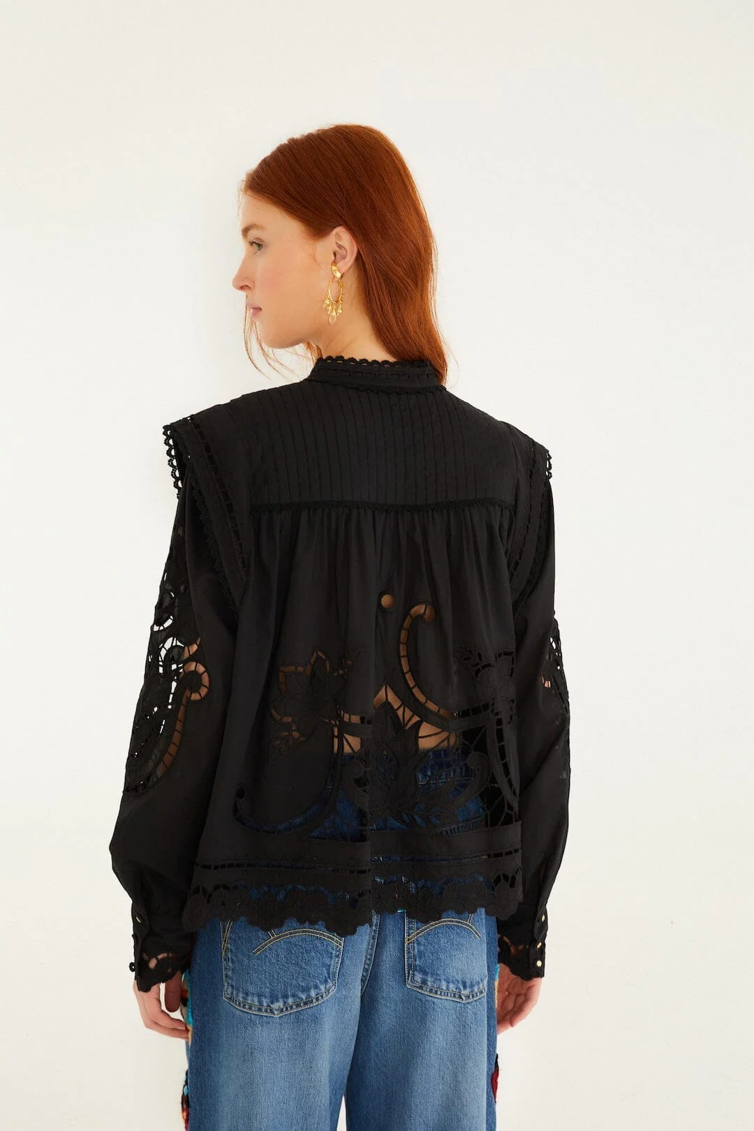 Black Richelieu Puff Sleeve  Blouse - Image 3