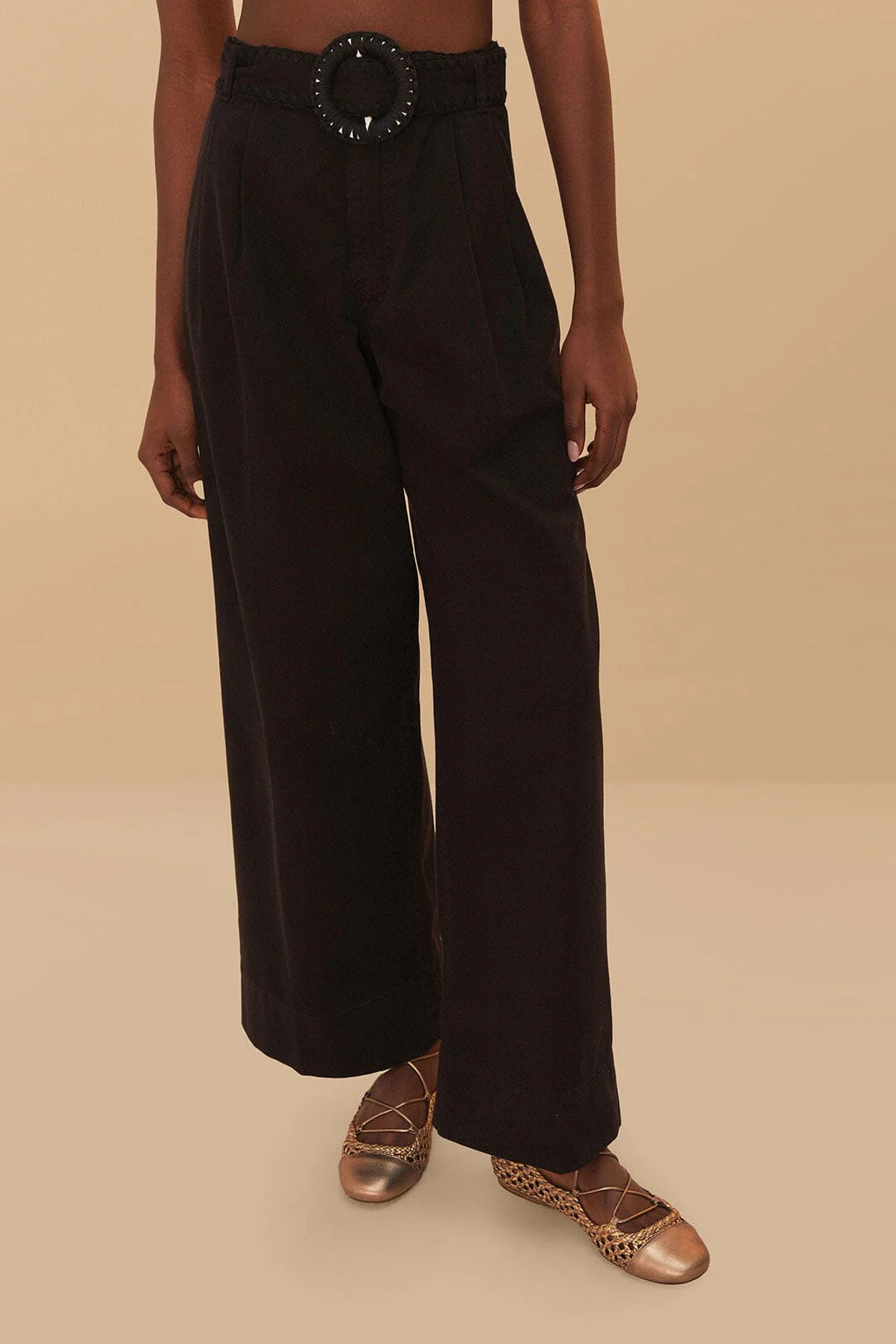 Black Twill Belted Wide Pants - Image 2