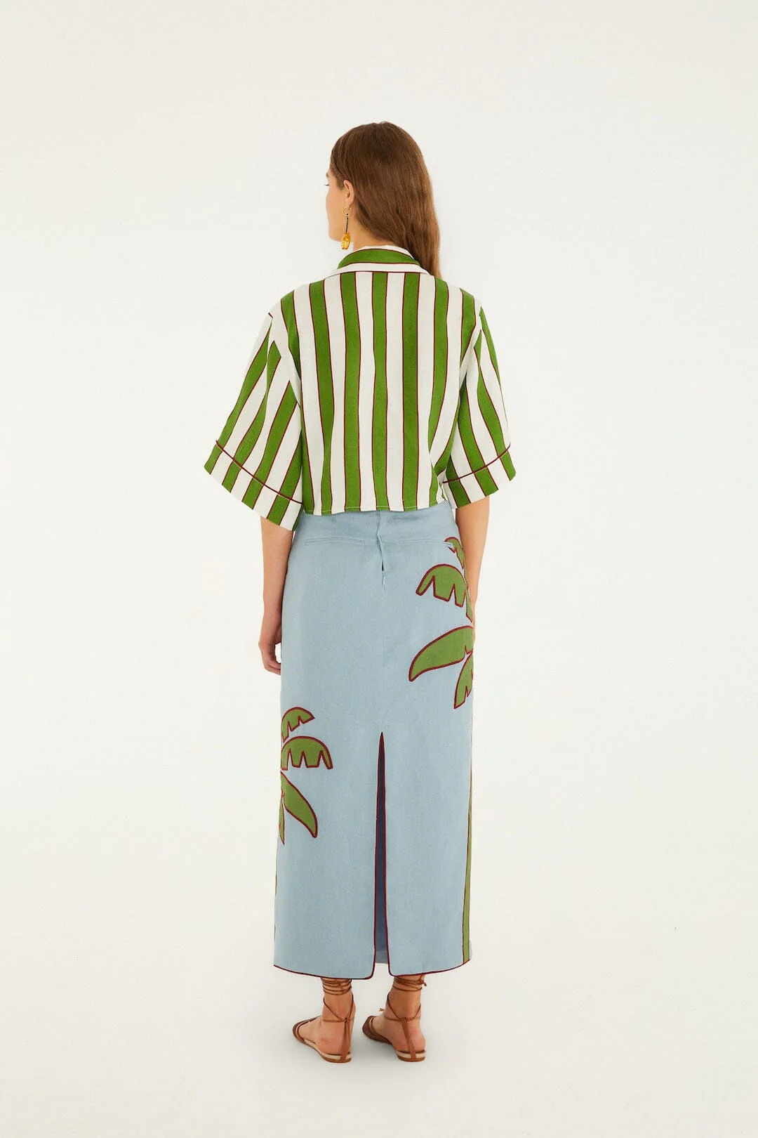 Blue Embroidered Palm Tree Maxi Skirt - Image 3