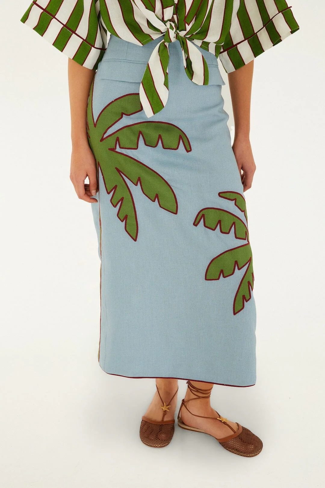 Blue Embroidered Palm Tree Maxi Skirt - Image 4