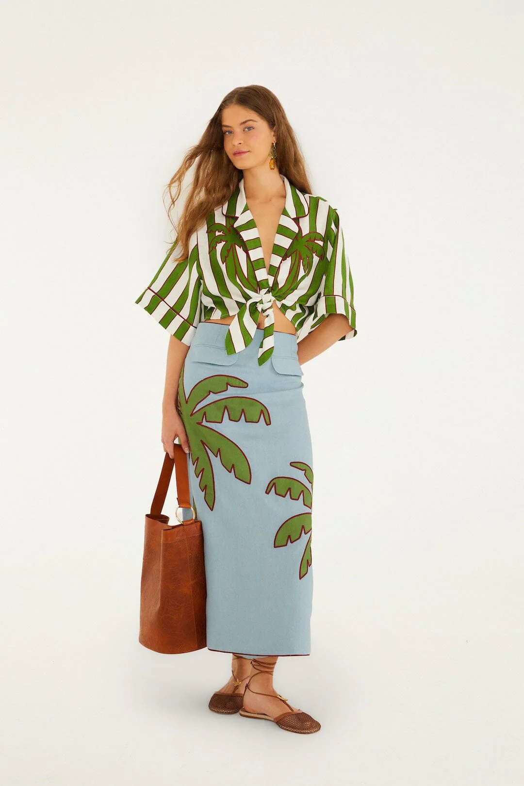 Blue Embroidered Palm Tree Maxi Skirt - Image 5