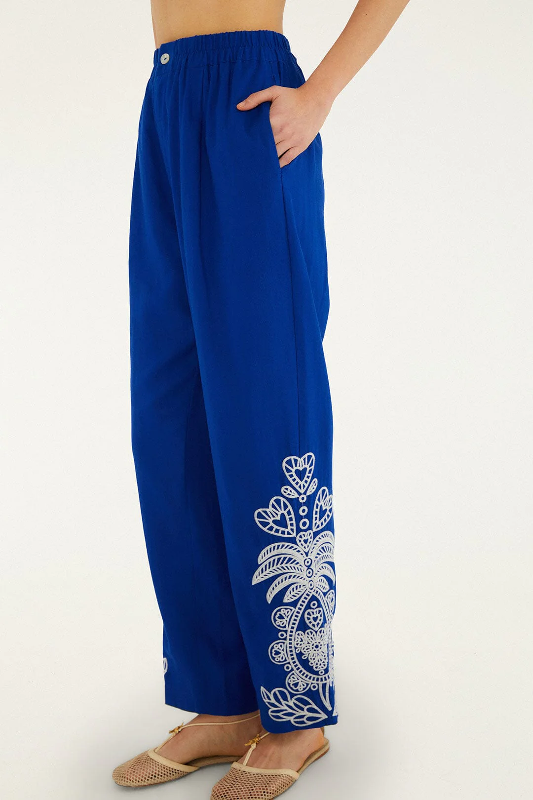 Blue Romantic Embroidered Lenzing™ Ecovero™ Euroflax™ Pants - Image 2