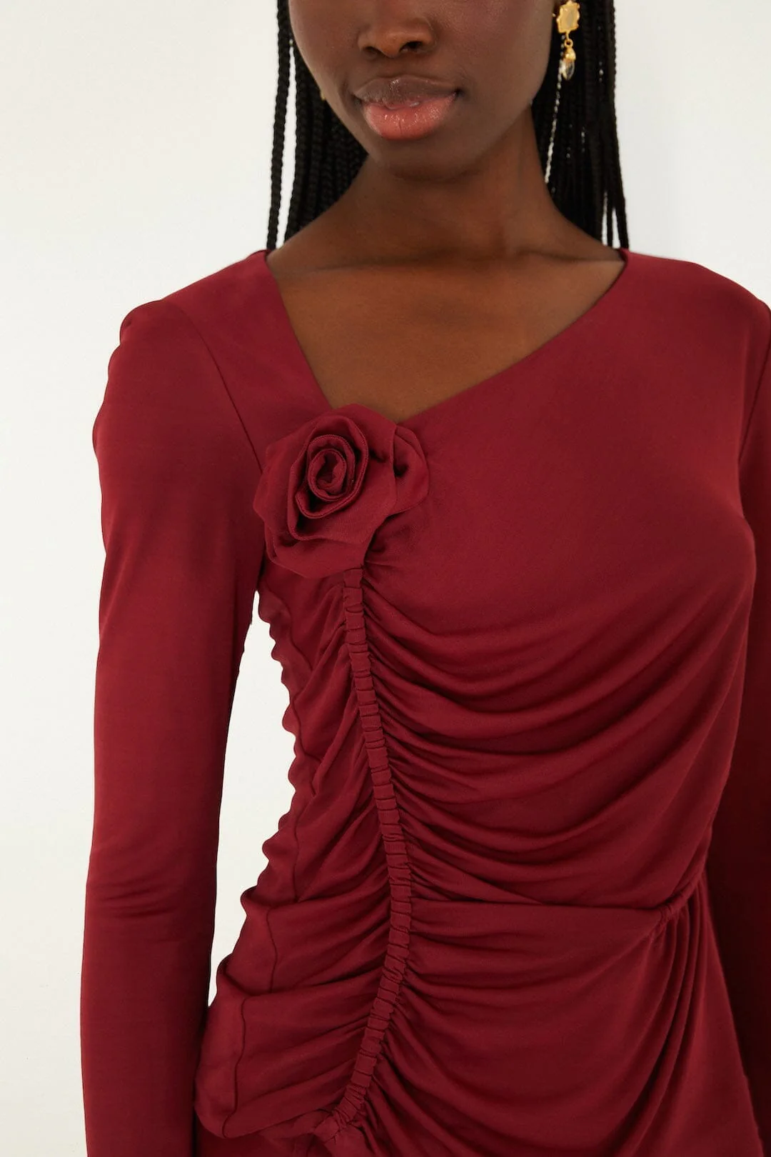 Burgundy 3d Flower Draped Long Sleeve Blouse - Image 2