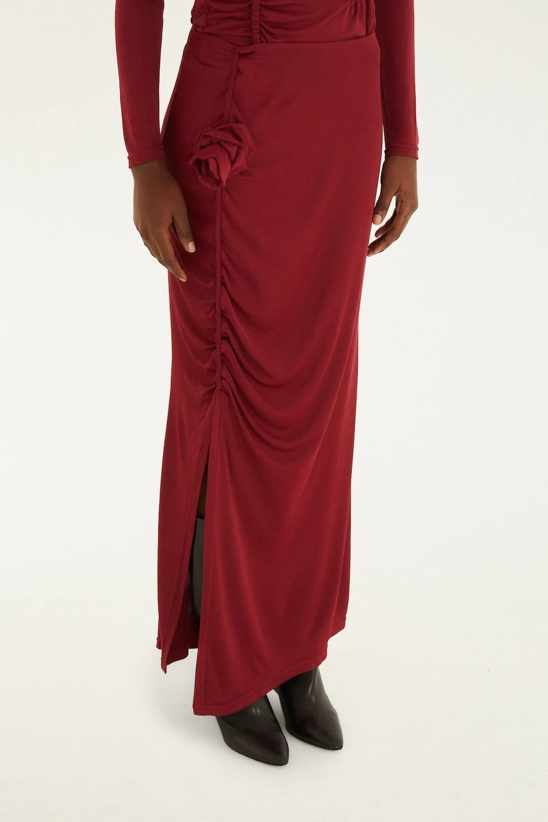 Burgundy 3d Flower Draped Side Slit Maxi Skirt - Image 2