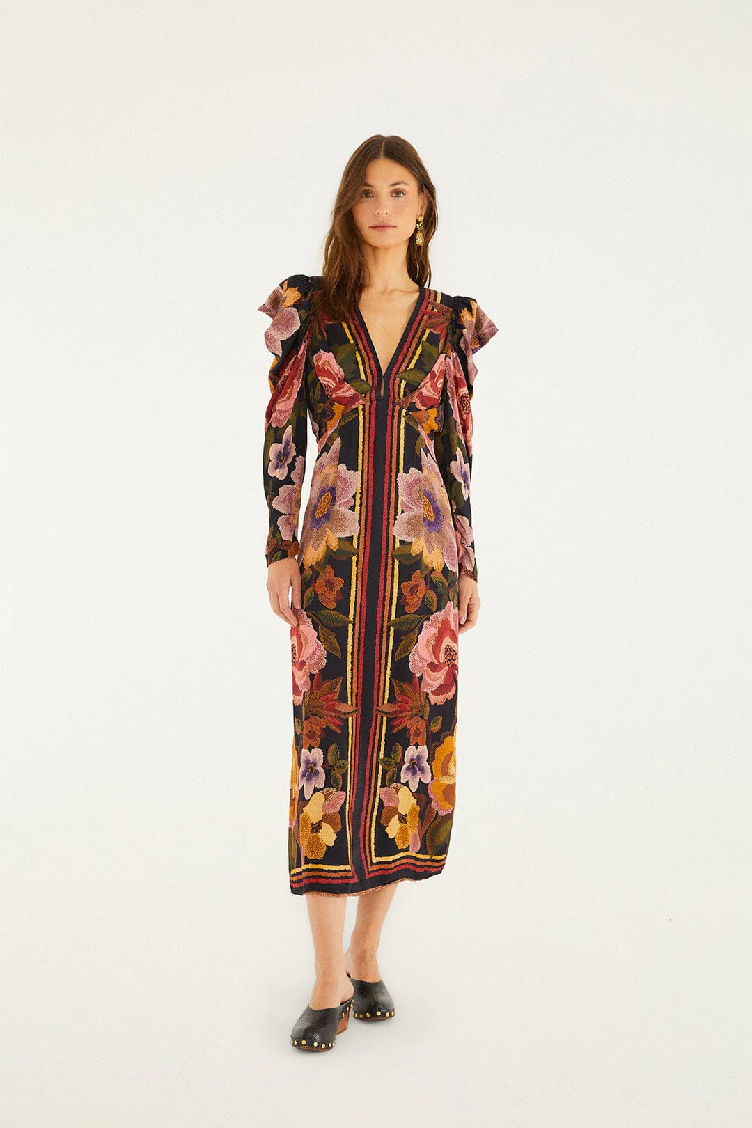 Black Chenille Flowers  Midi Dress