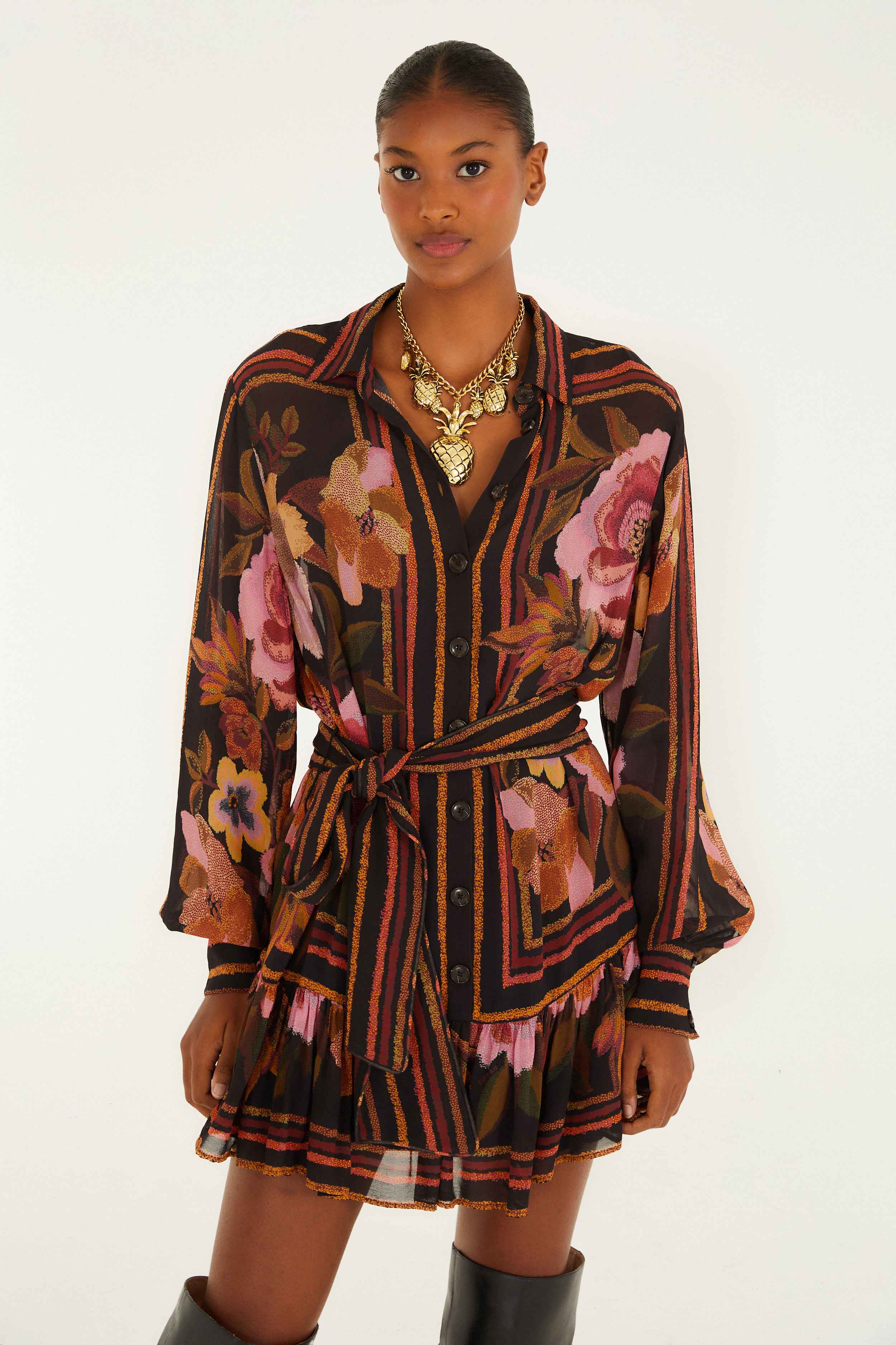 Black Chenille Flowers Belted Long Sleeve Mini Dress - Image 2
