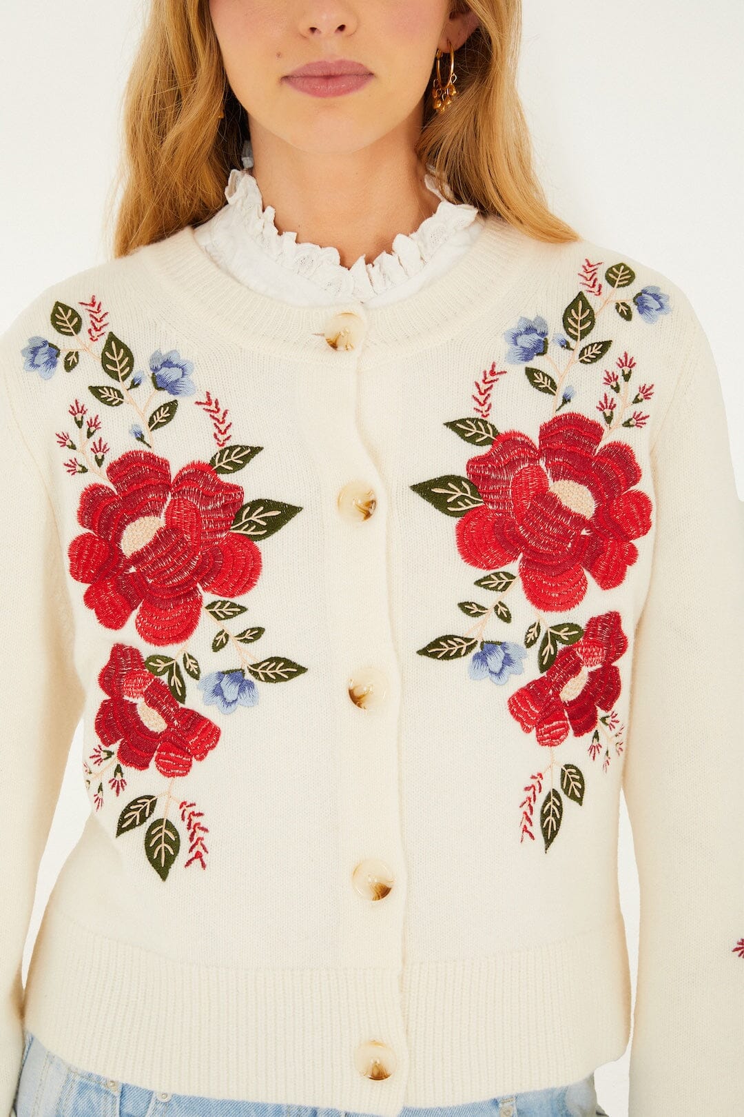 Cream Embroidered Flowers Buttoned Knit Cardigan - Image 2