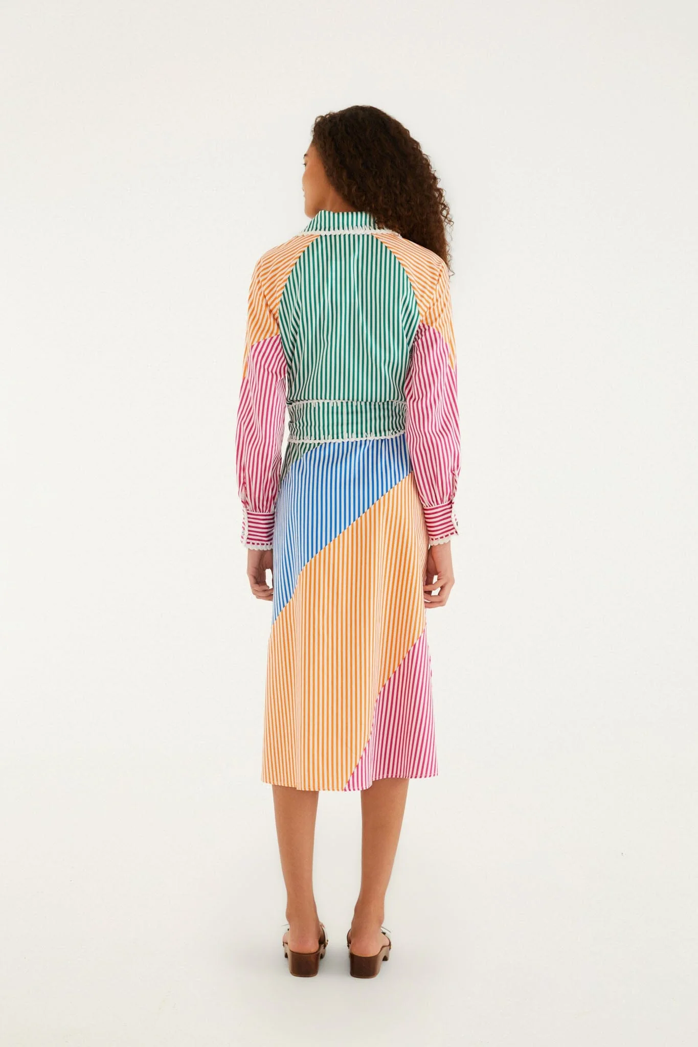 Multicolor Stripes Embroidered Belted  Midi Dress - Image 3