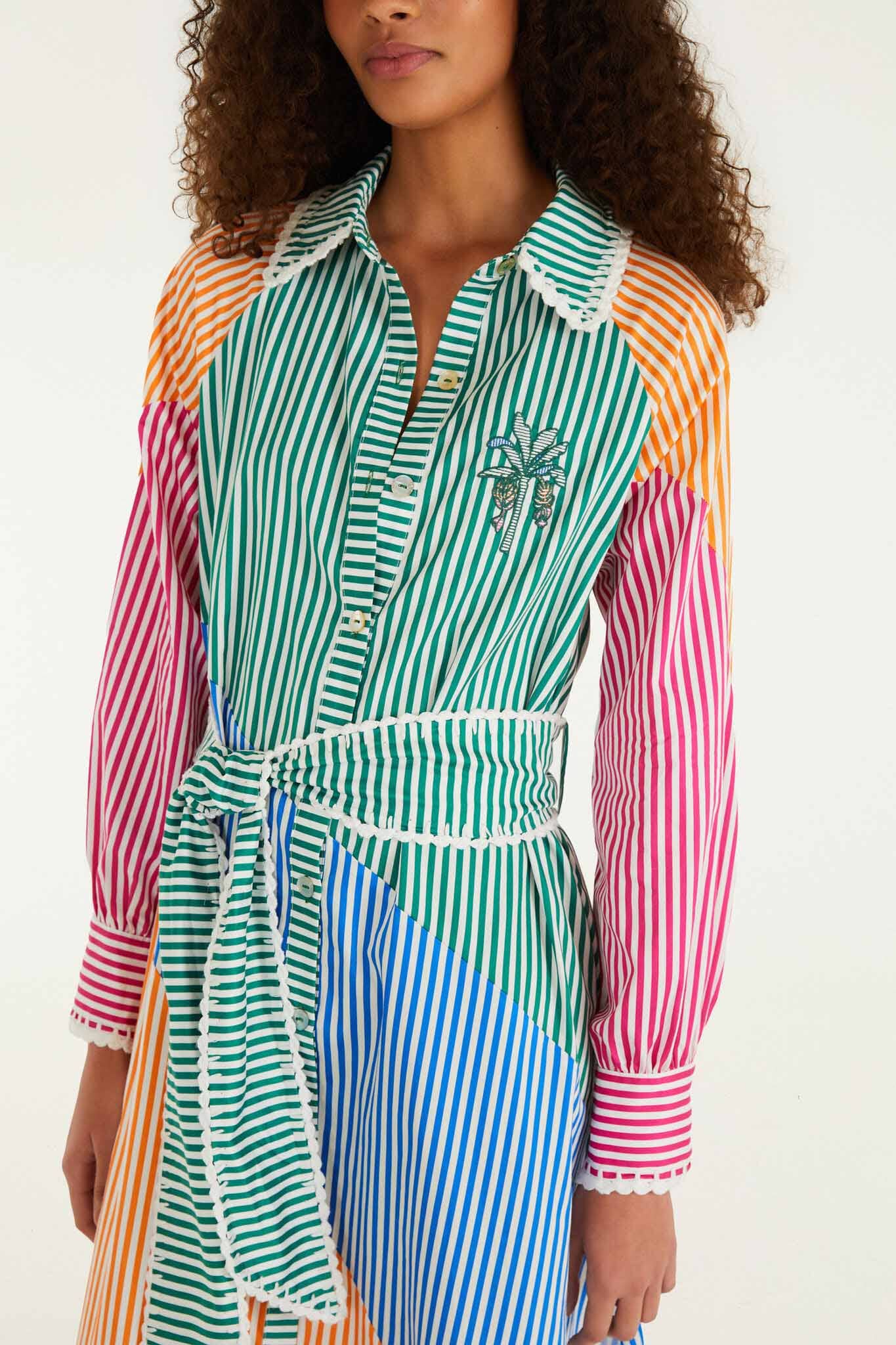 Multicolor Stripes Embroidered Belted  Midi Dress - Image 4