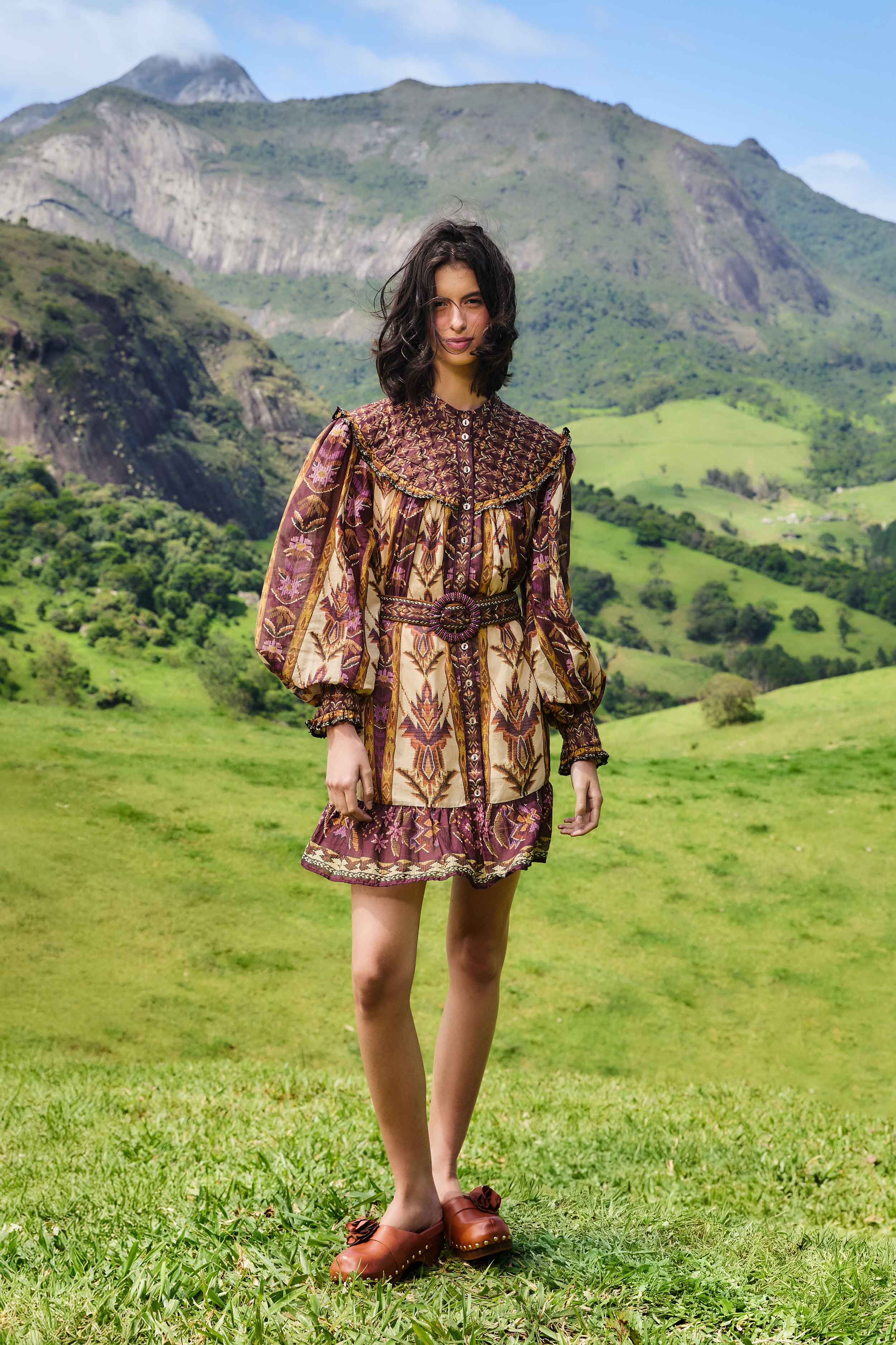 Sand Embroidered Tapestry Long Sleeve Mini Dress