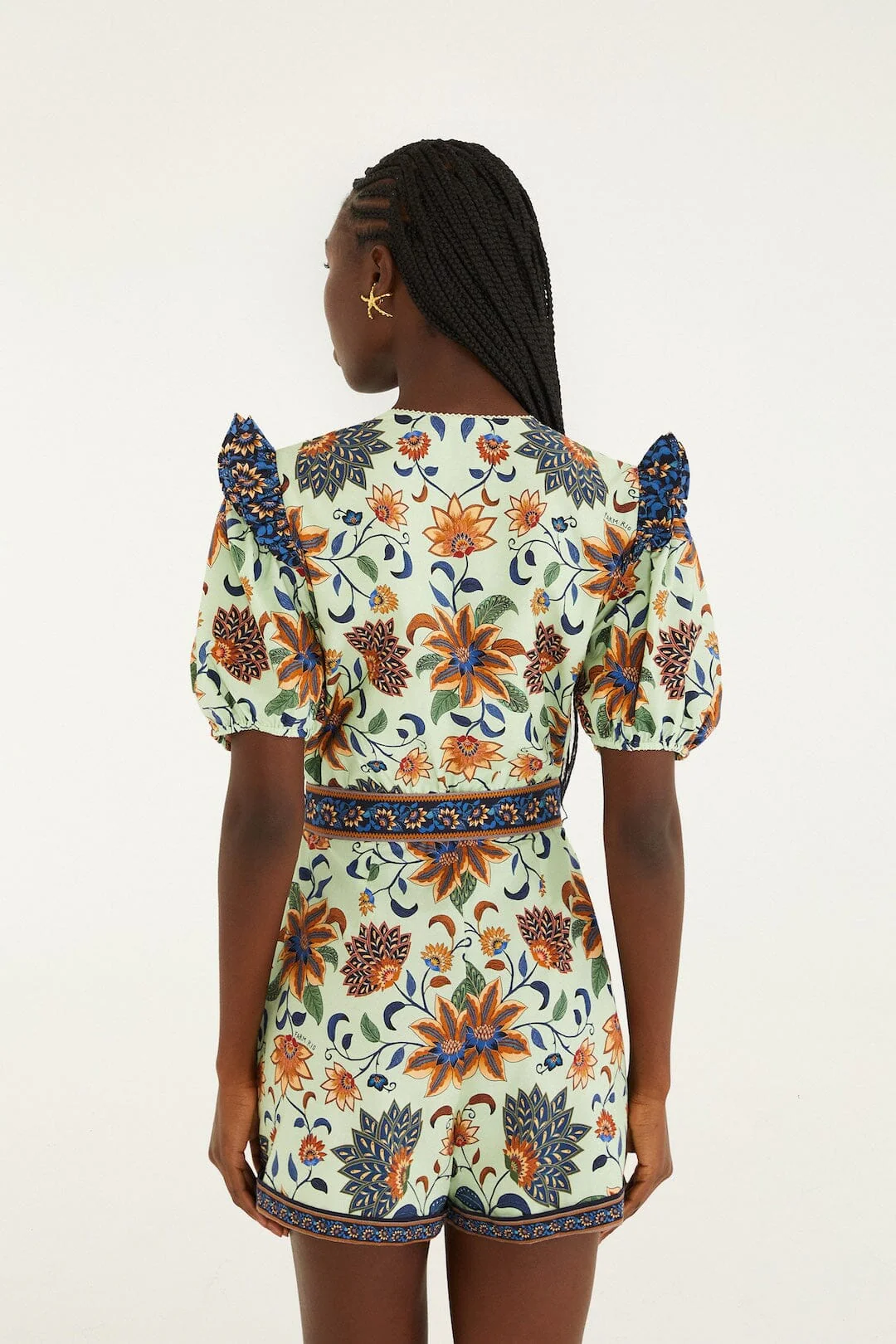 Light Green Floral Delhi Tapestry Belted  Romper - Image 3