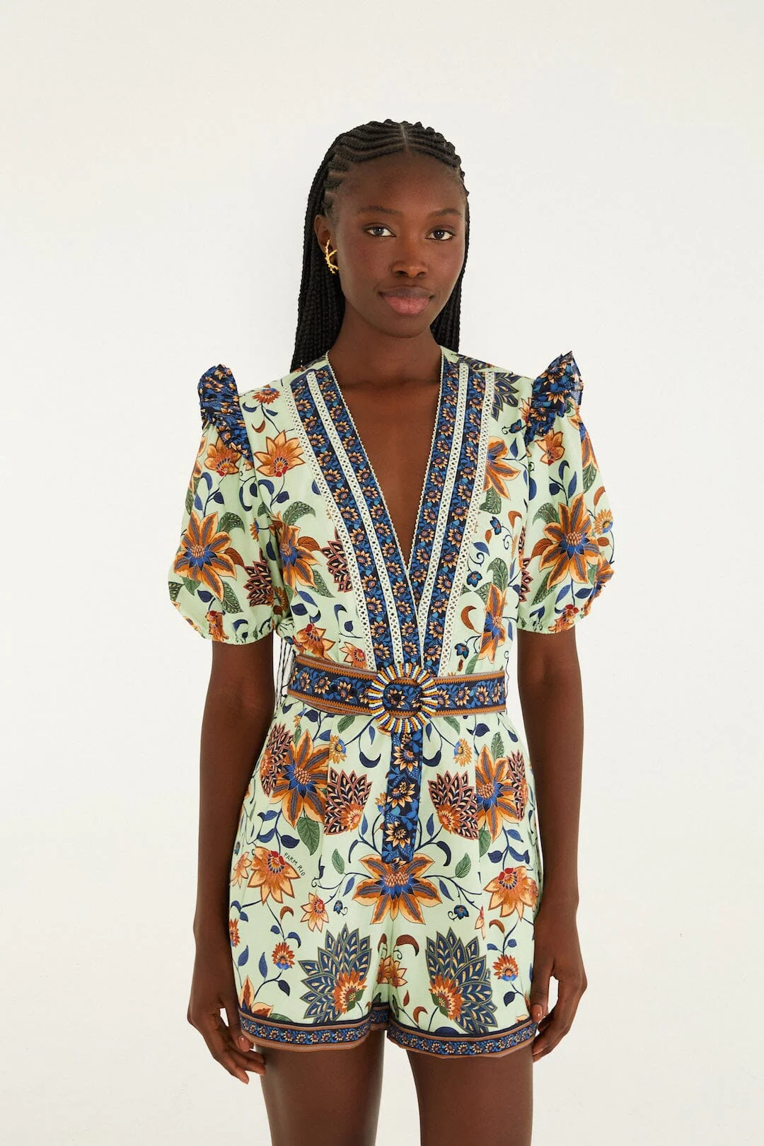 Light Green Floral Delhi Tapestry Belted  Romper - Image 4