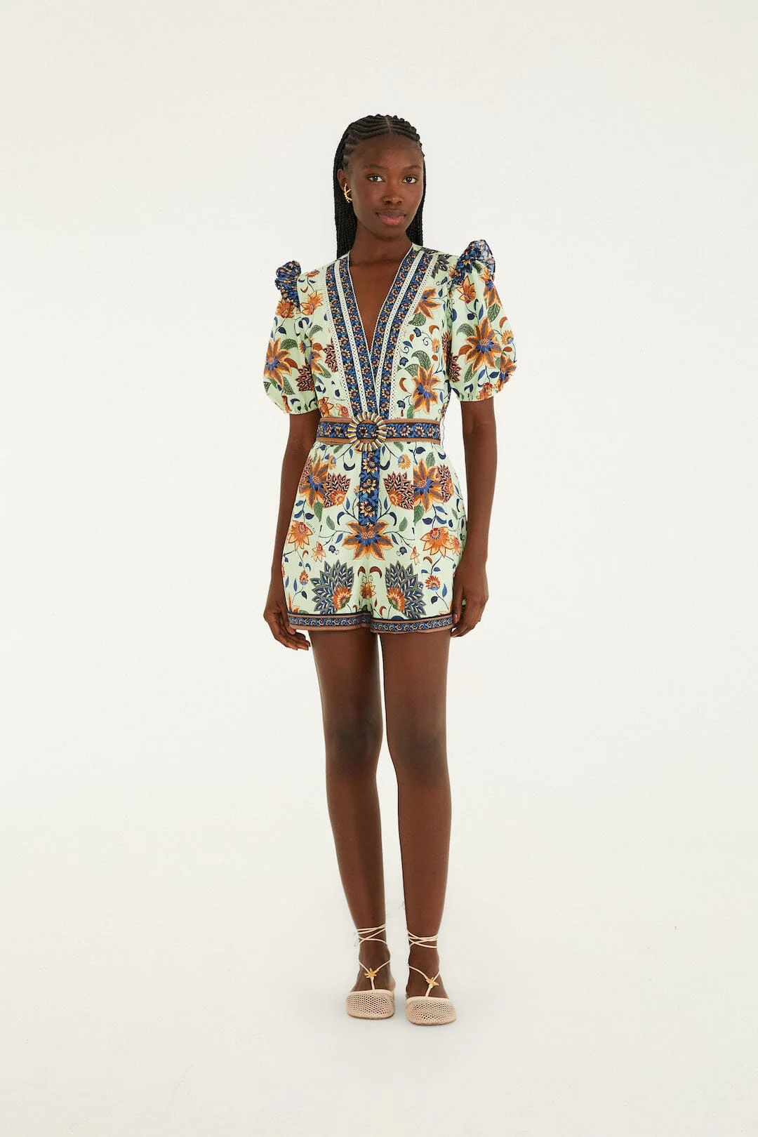 Light Green Floral Delhi Tapestry Belted  Romper - Image 5