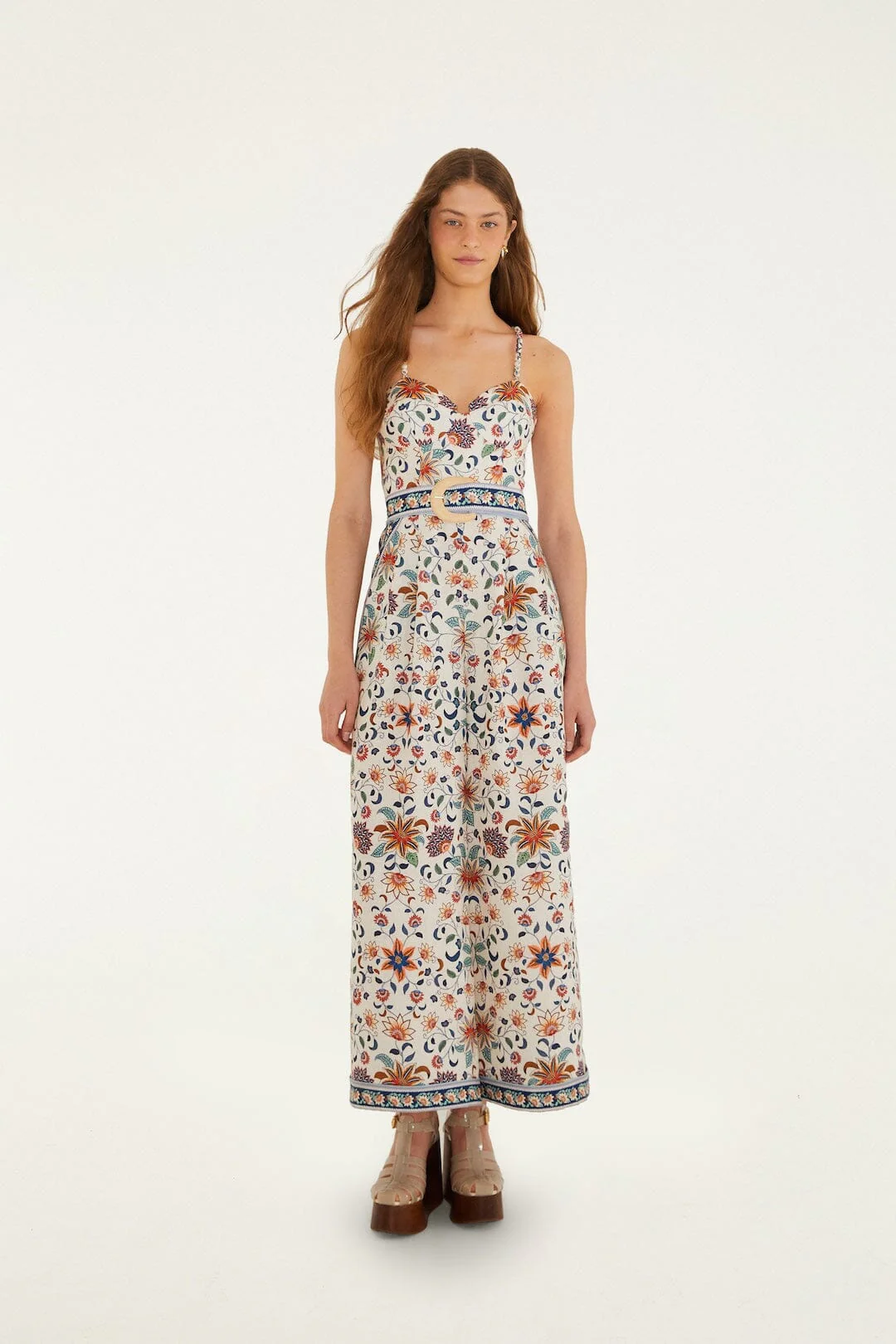 Soft Pink Floral Delhi Tapestry Belted Jumpsuit