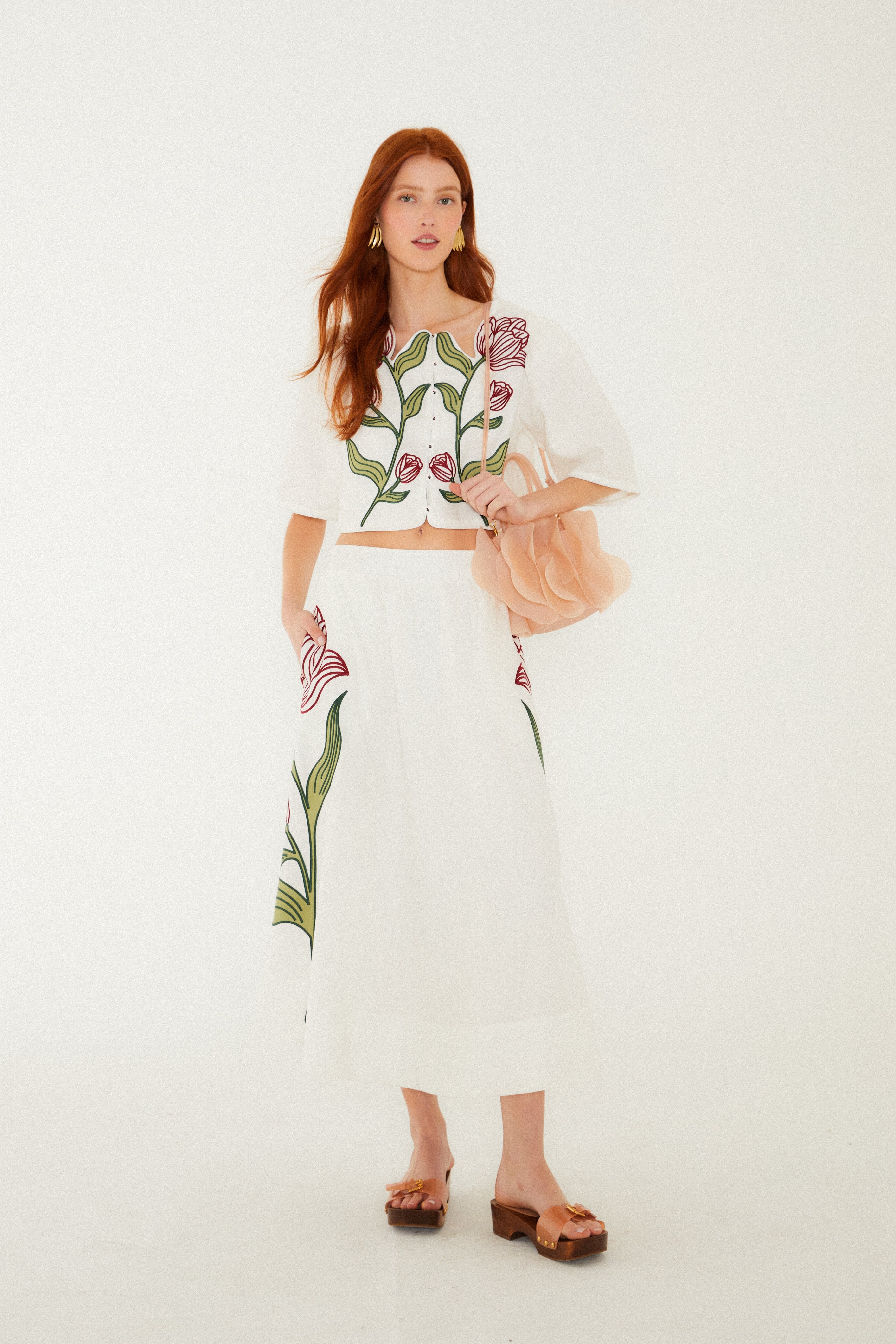 Off-White Flower Embroidered  Crop Top - Image 3