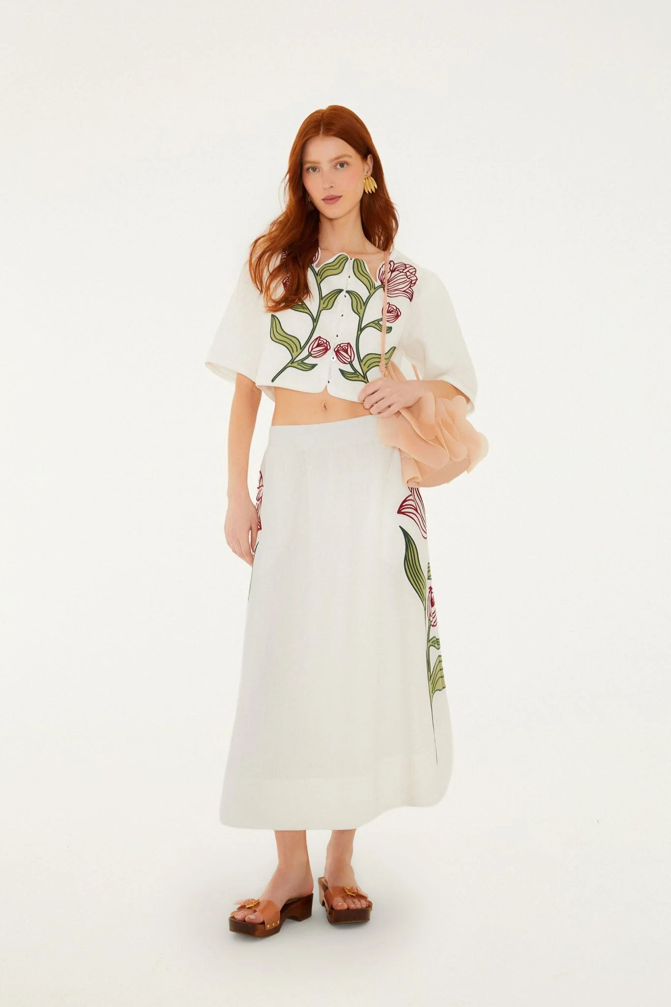 Off-White Flower Embroidered  Midi Skirt - Image 3