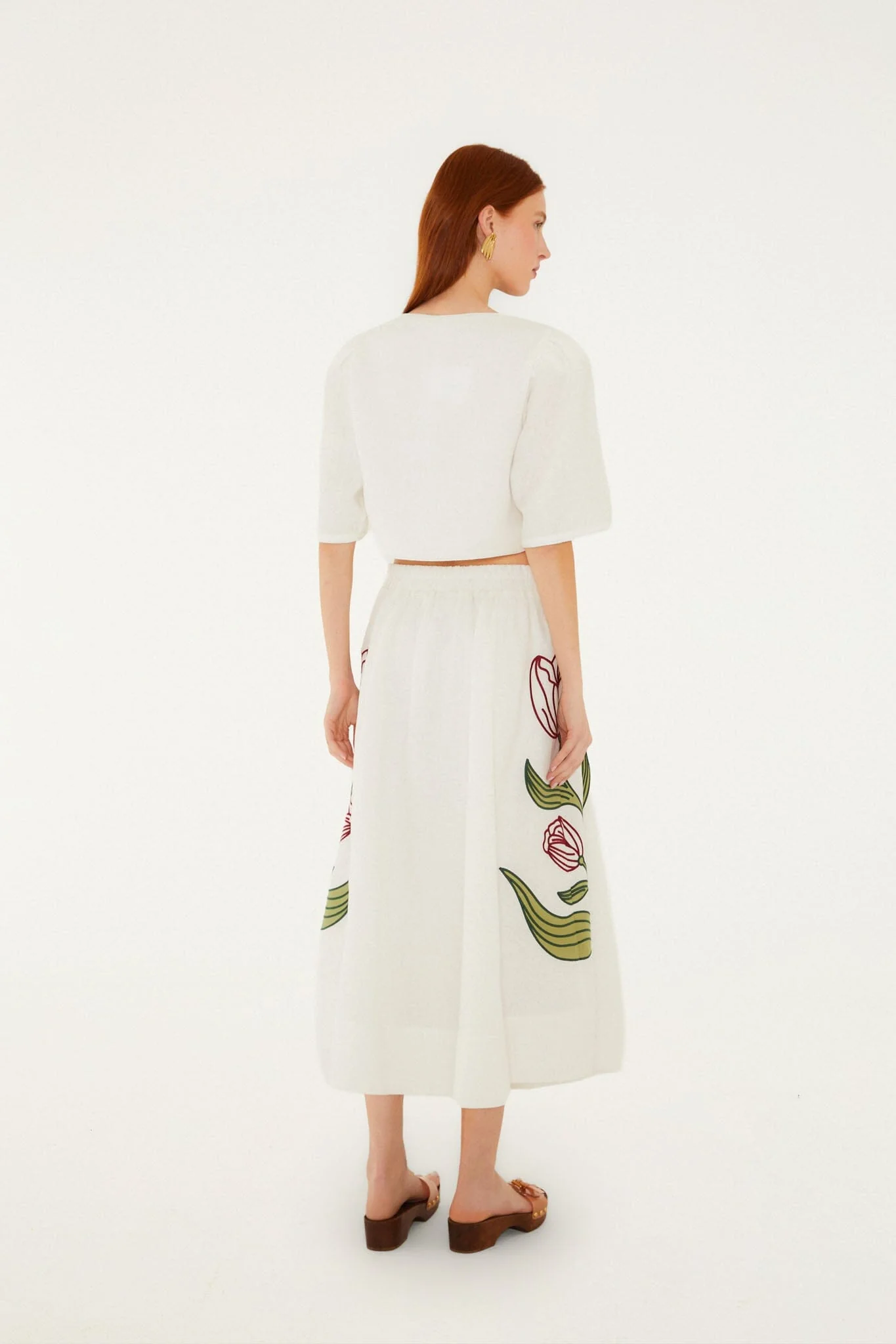 Off-White Flower Embroidered  Midi Skirt - Image 4