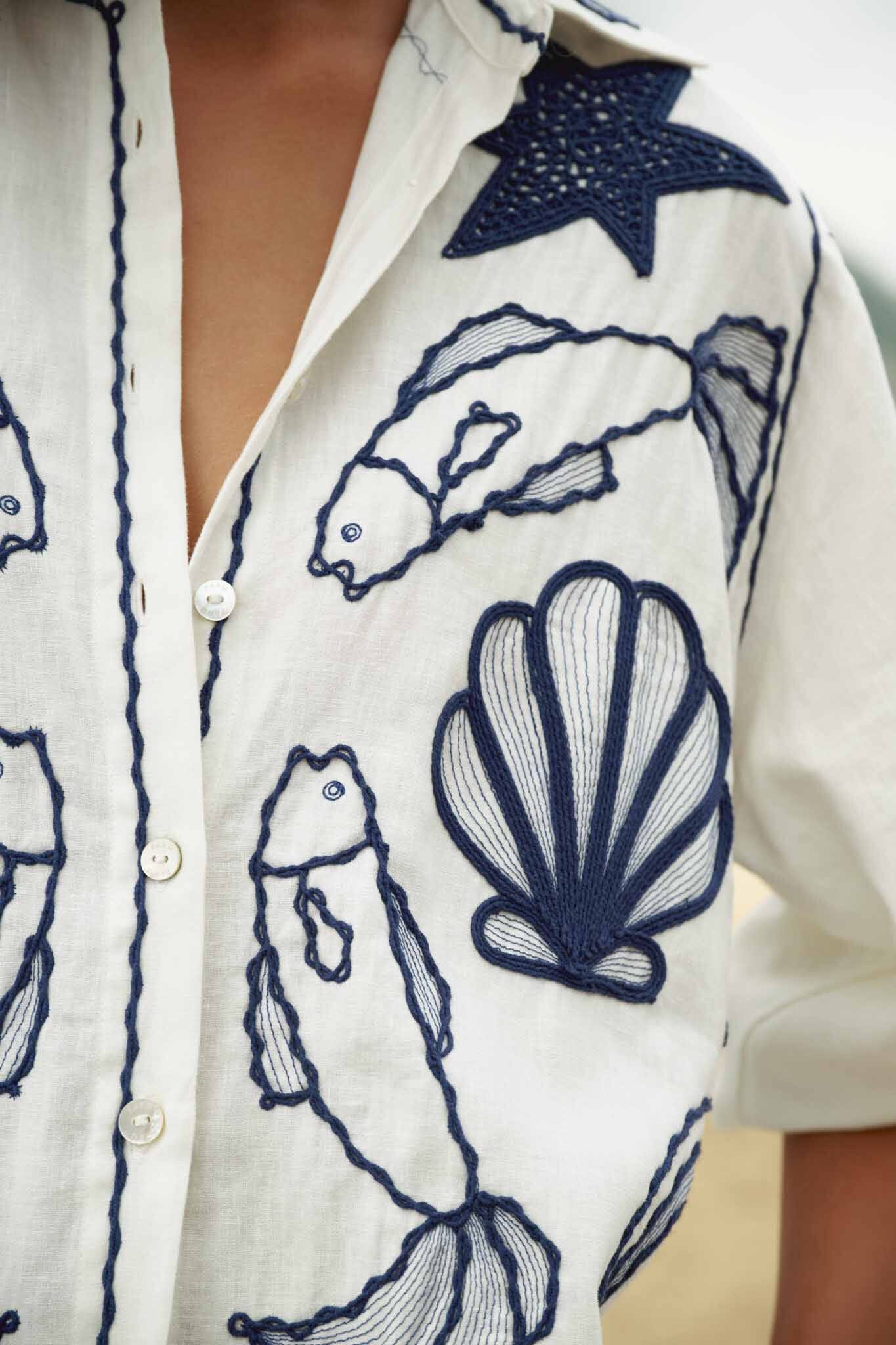 Off-White Fresh Fish Embroidered Puff Sleeve Shirt - Image 2