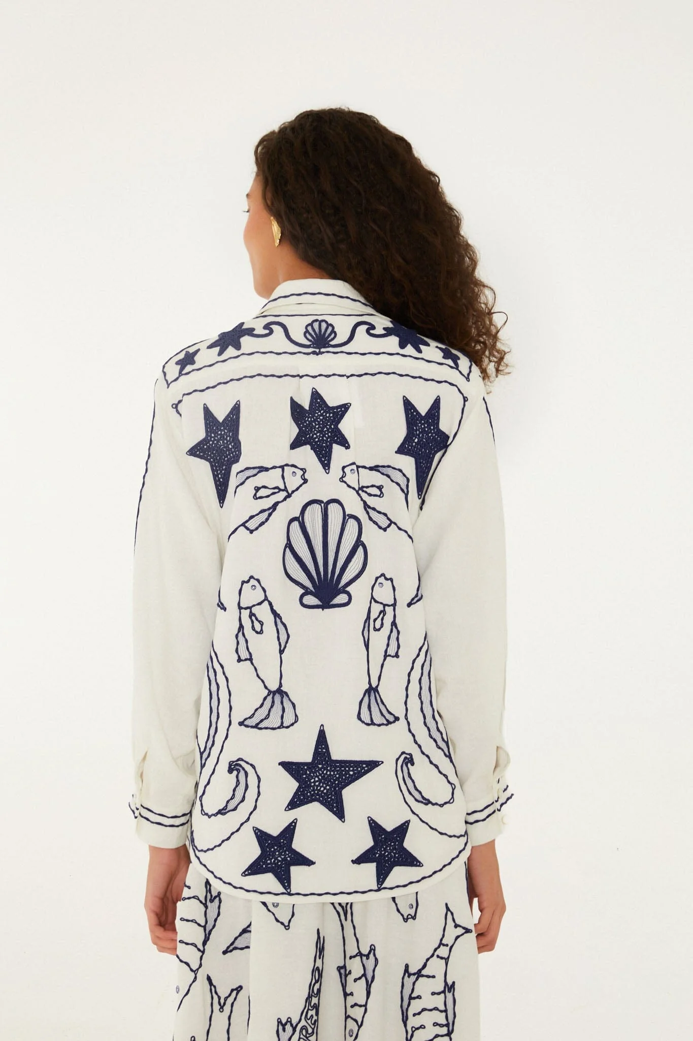 Off-White Fresh Fish Embroidered Puff Sleeve Shirt - Image 3