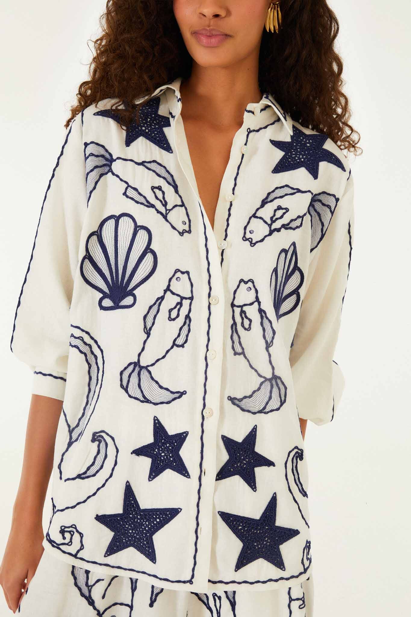 Off-White Fresh Fish Embroidered Puff Sleeve Shirt - Image 5