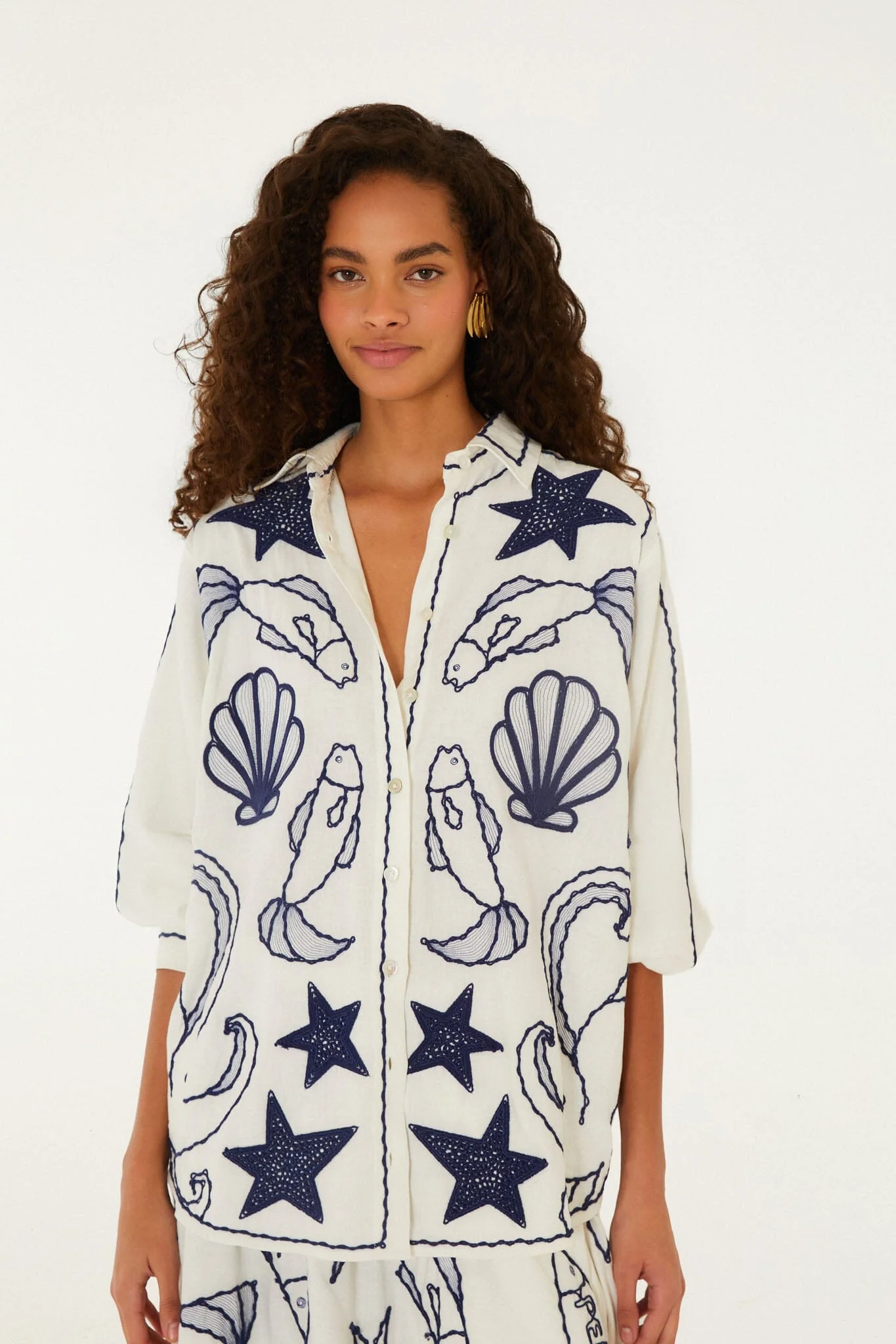 Off-White Fresh Fish Embroidered Puff Sleeve Shirt - Image 6