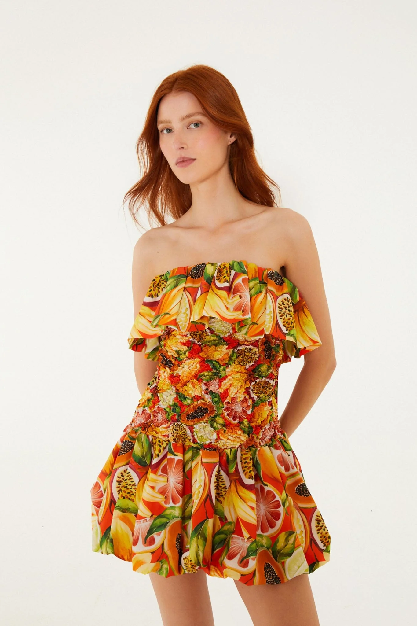 Multicolor Fruit Garden Red Smocked Balloon Mini Dress - Image 4