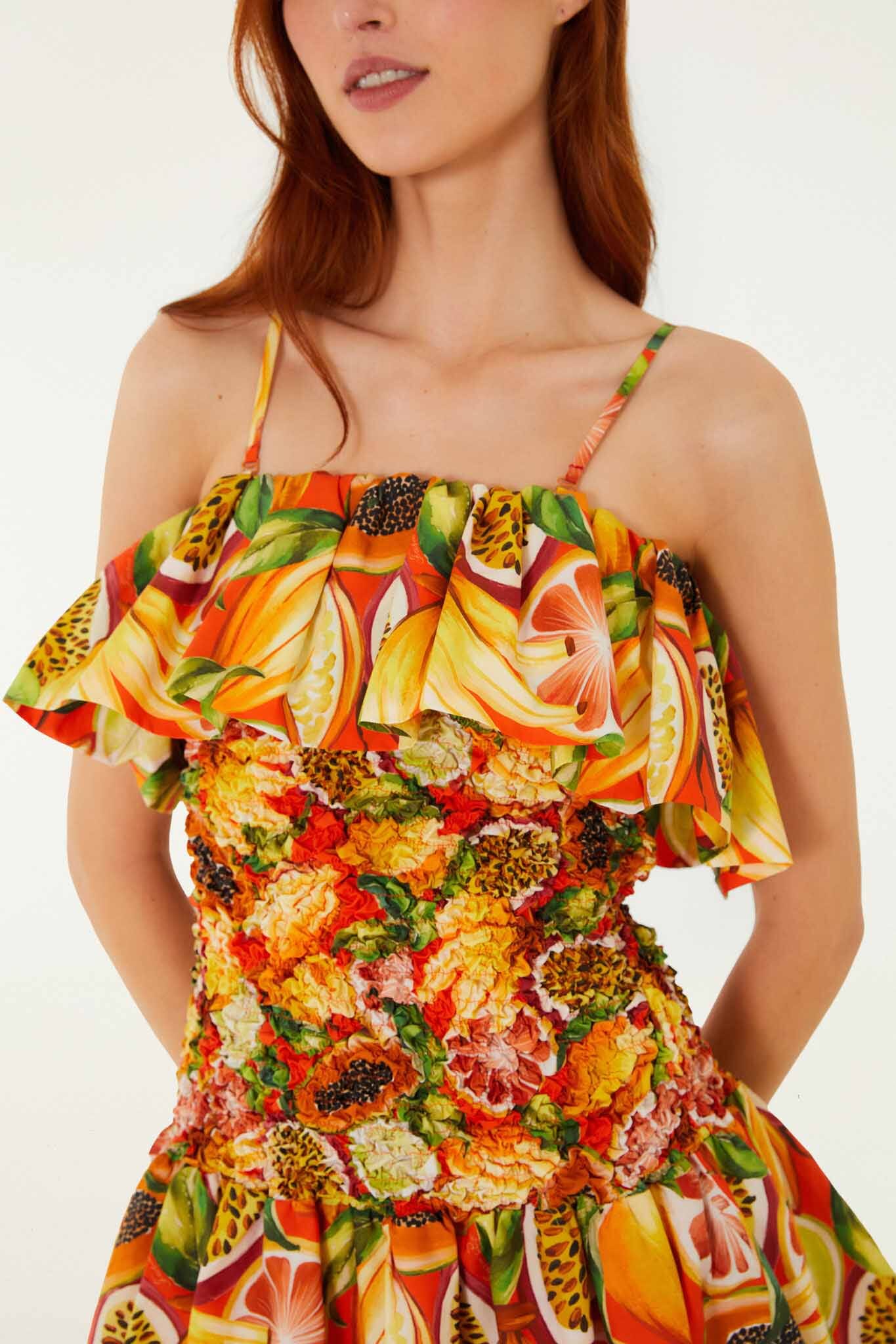 Multicolor Fruit Garden Red Smocked Balloon Mini Dress - Image 6