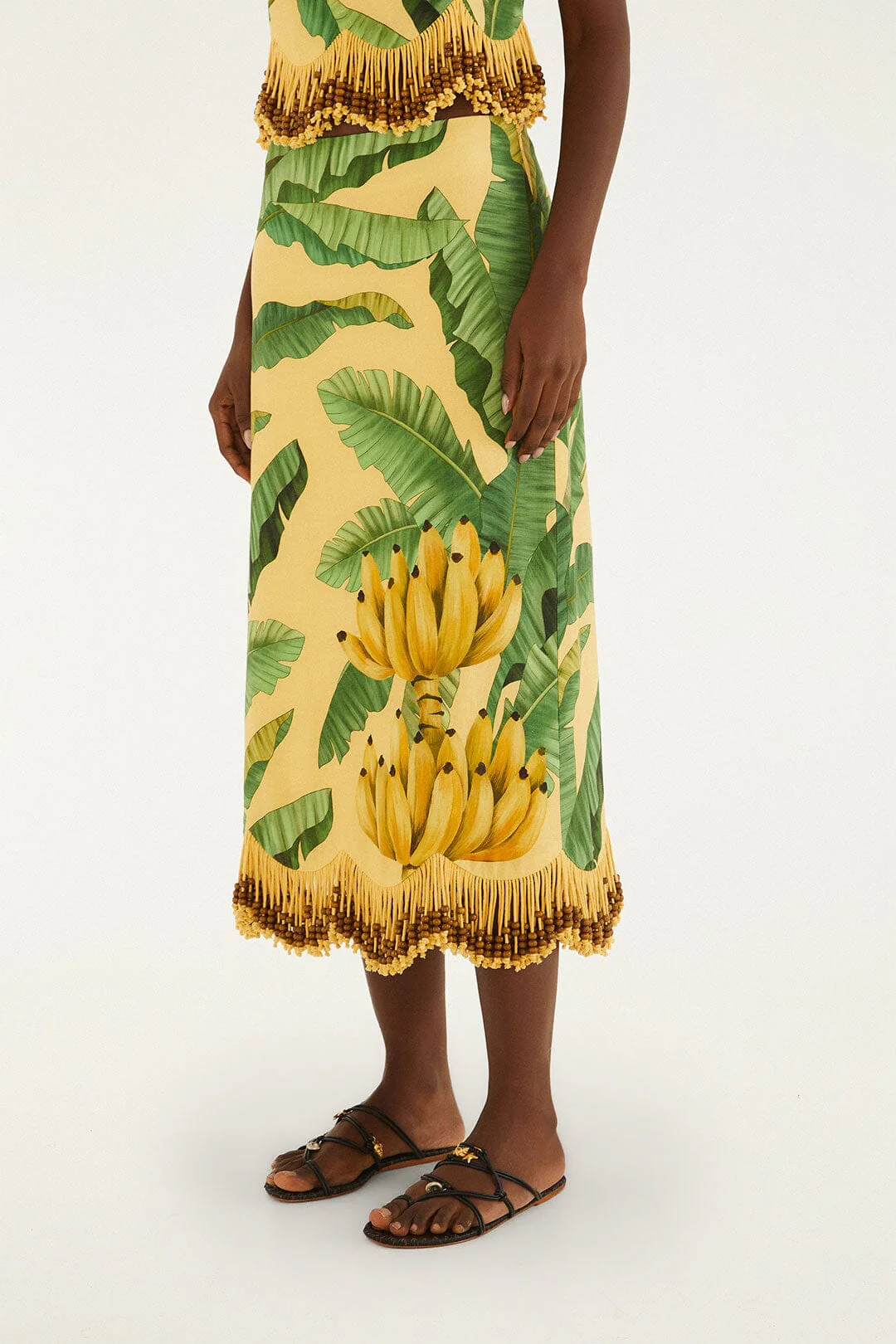 Yellow Fruit Leaves Banana Beaded Fringes Maxi Skirt - Image 2