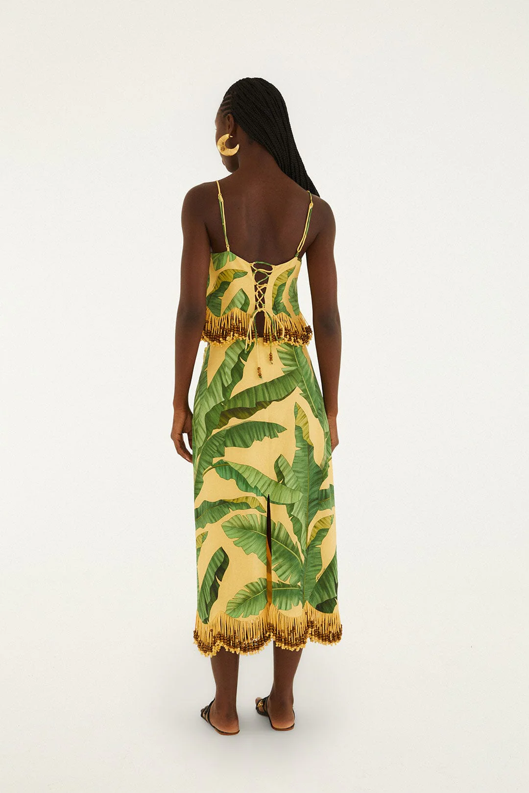 Yellow Fruit Leaves Banana Beaded Fringes Maxi Skirt - Image 3