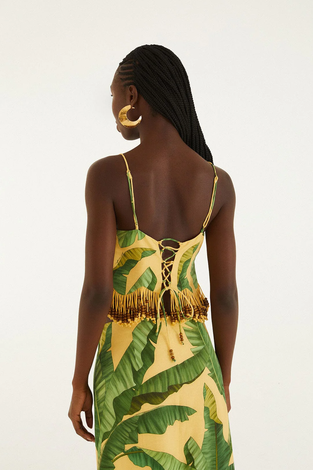 Yellow Fruit Leaves Banana Beaded Fringes Sleeveless Top - Image 3