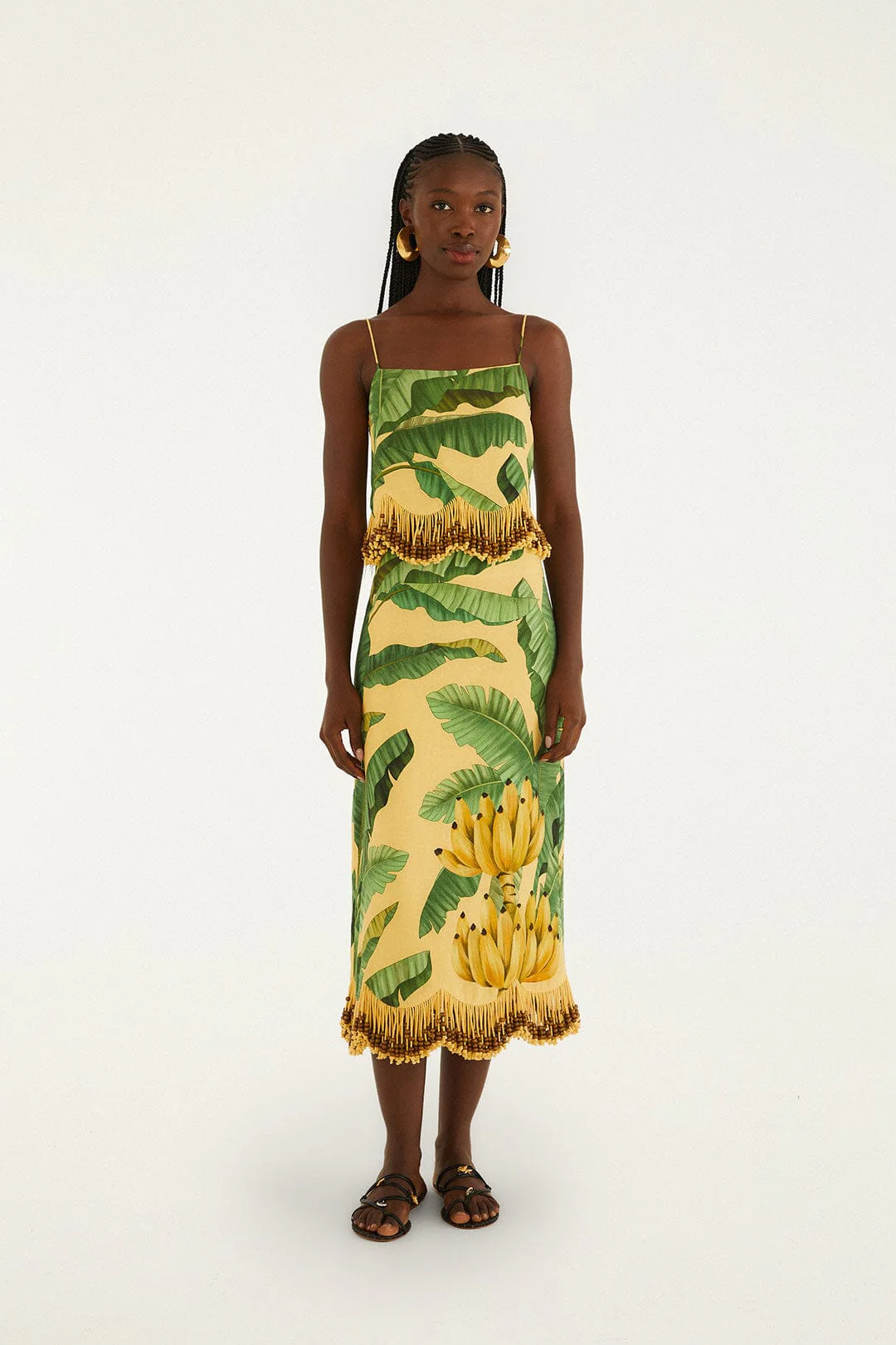 Yellow Fruit Leaves Banana Beaded Fringes Sleeveless Top - Image 4