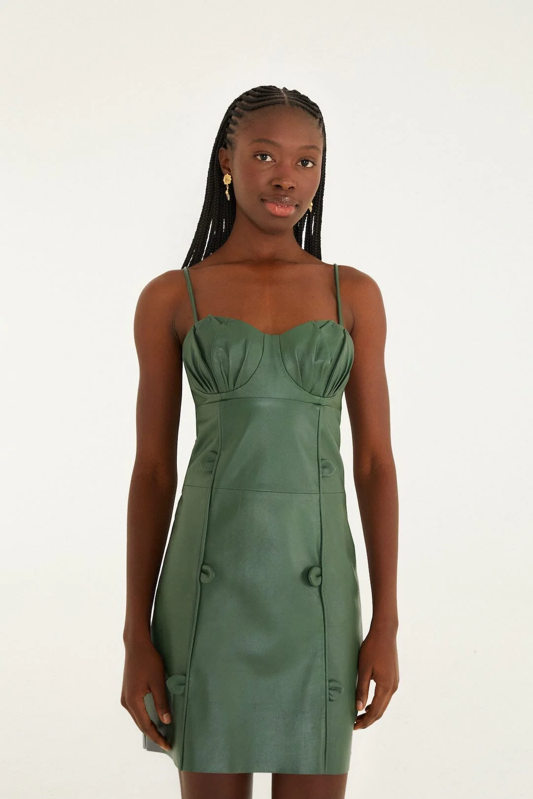 Green 3d Flower Leather Mini Dress