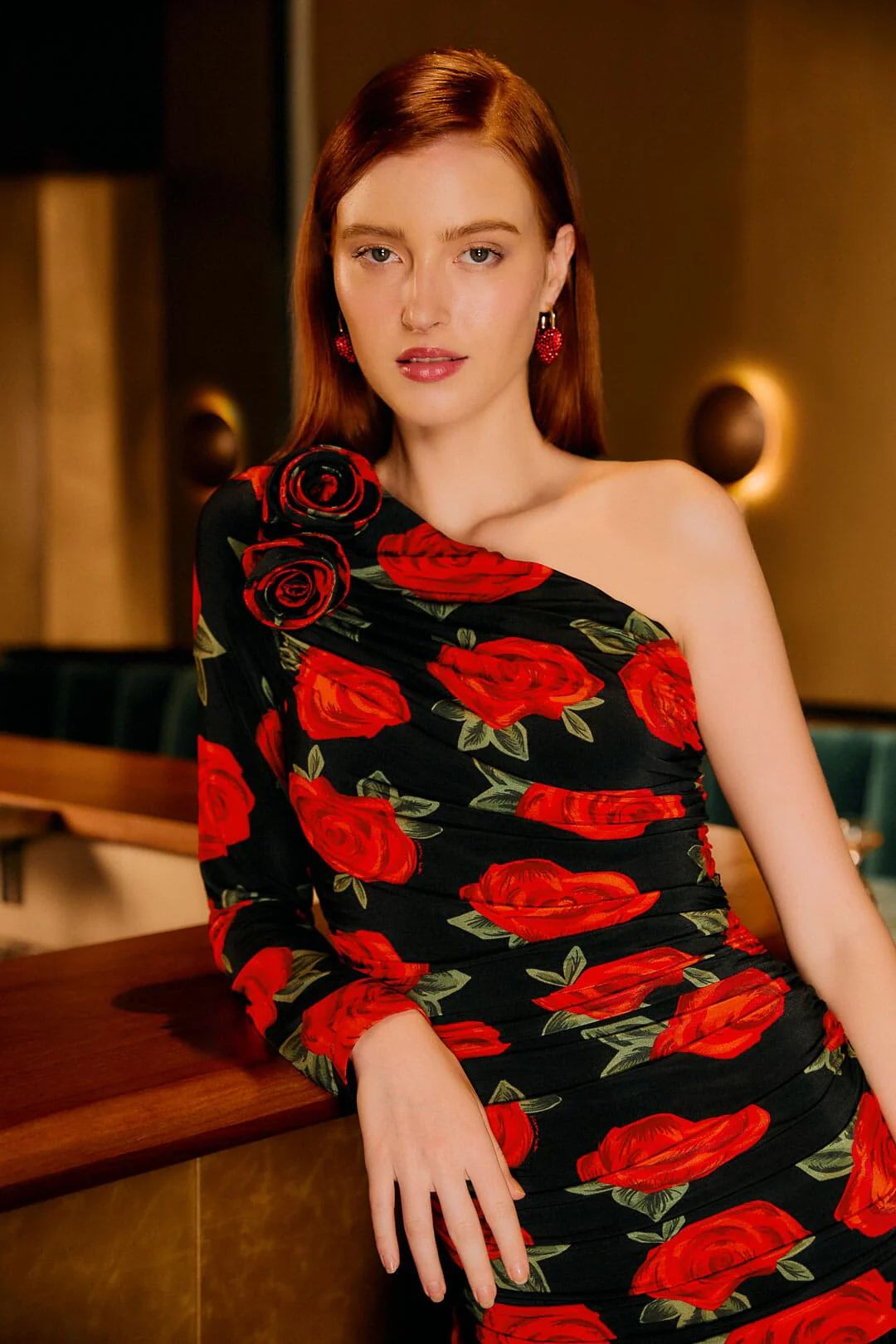 Black Latin Roses 3d Flower One-Shoulder Draped Maxi Dress - Image 2