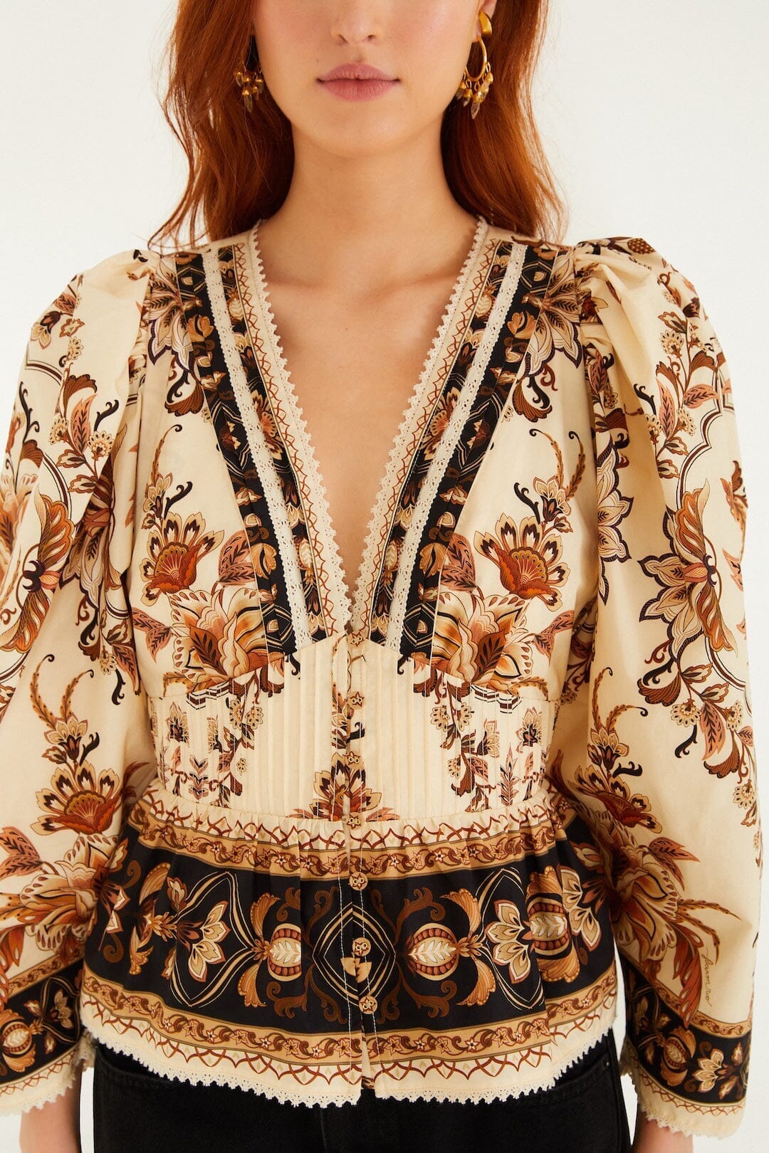 Sand Majestic Garden Lace Puff Sleeve  Blouse - Image 2