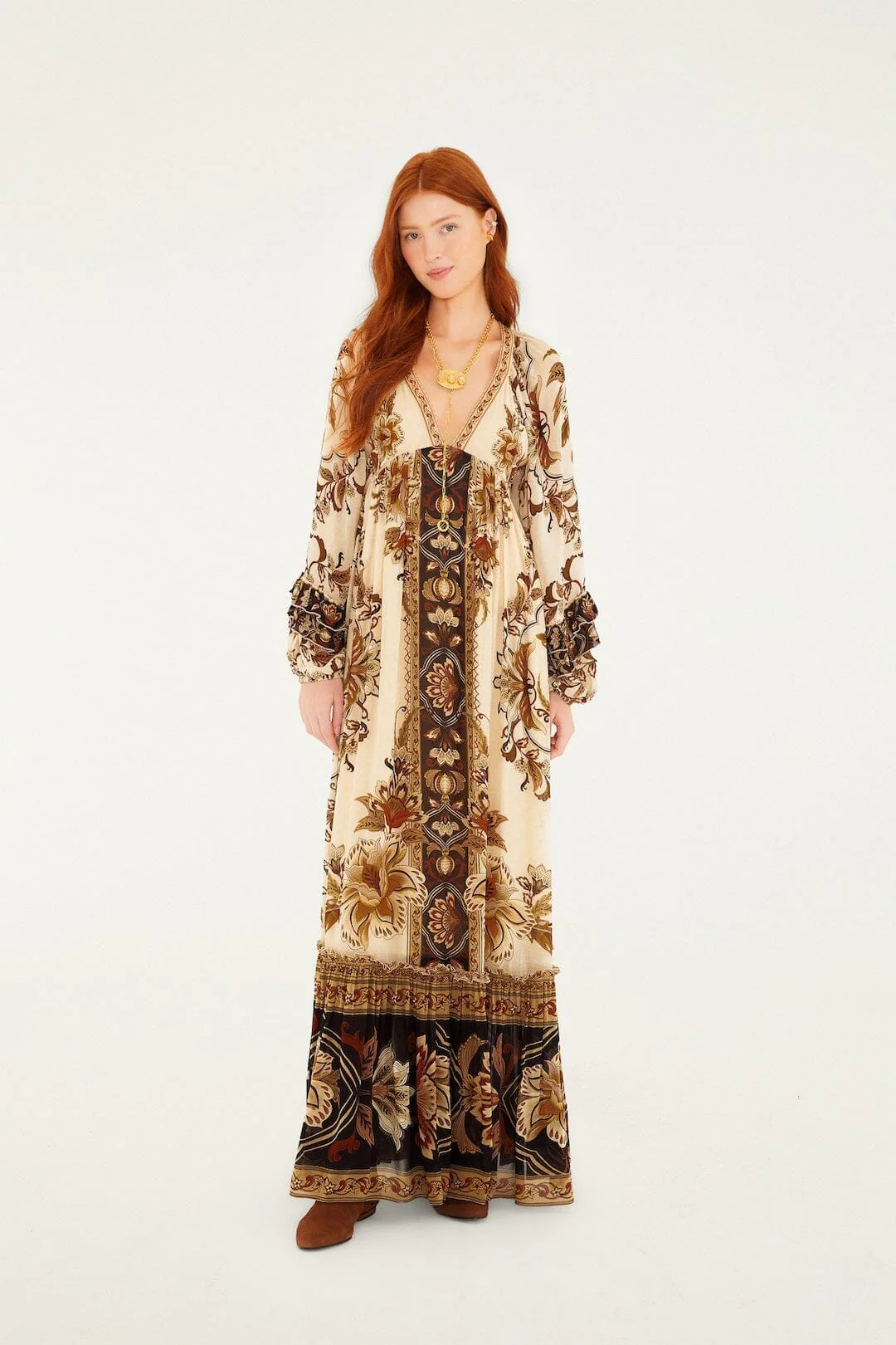 Sand Majestic Garden Ruffled Maxi Dress