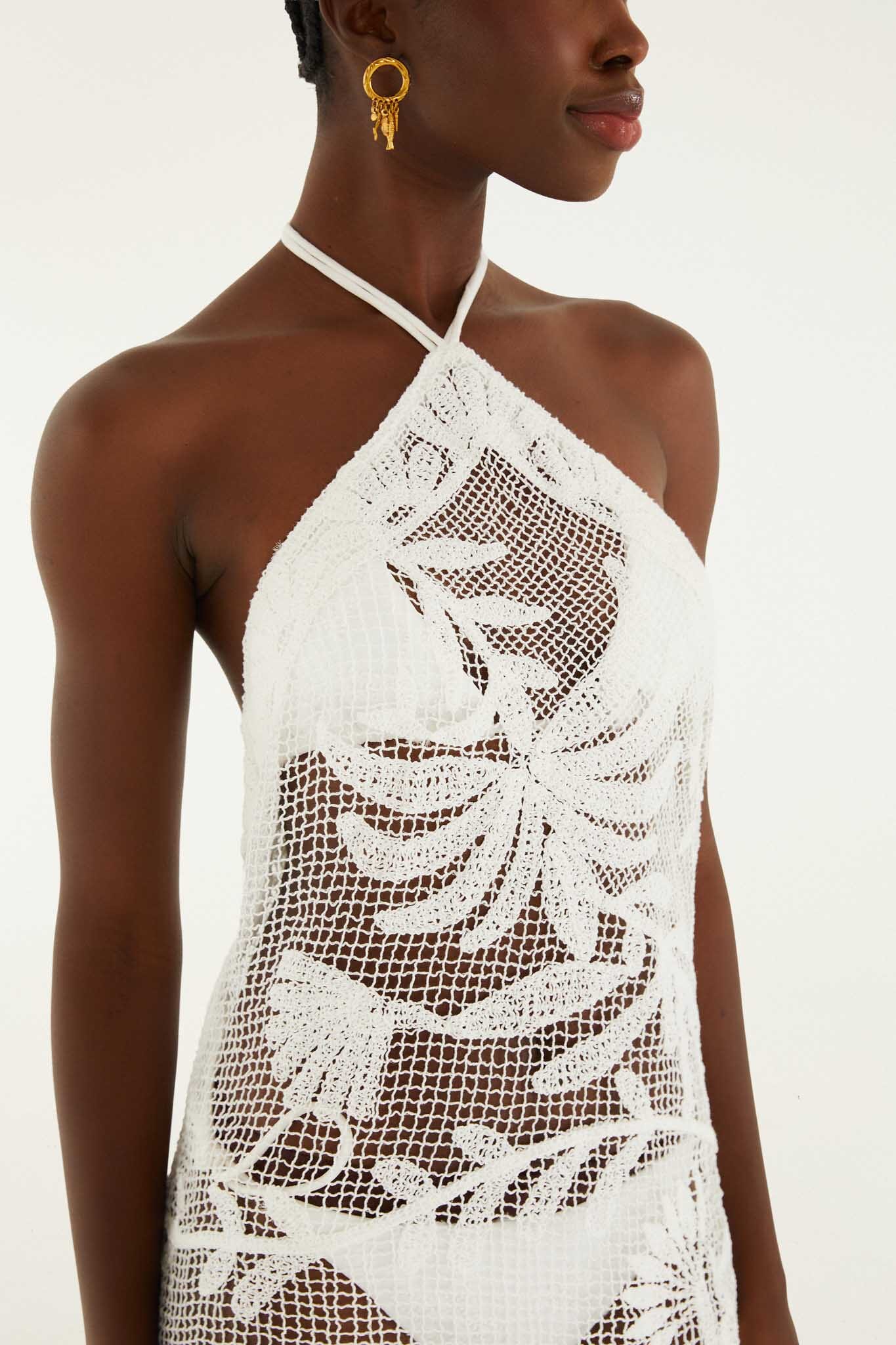 White Crochet Halter Neck Sheer Midi Dress - Image 2