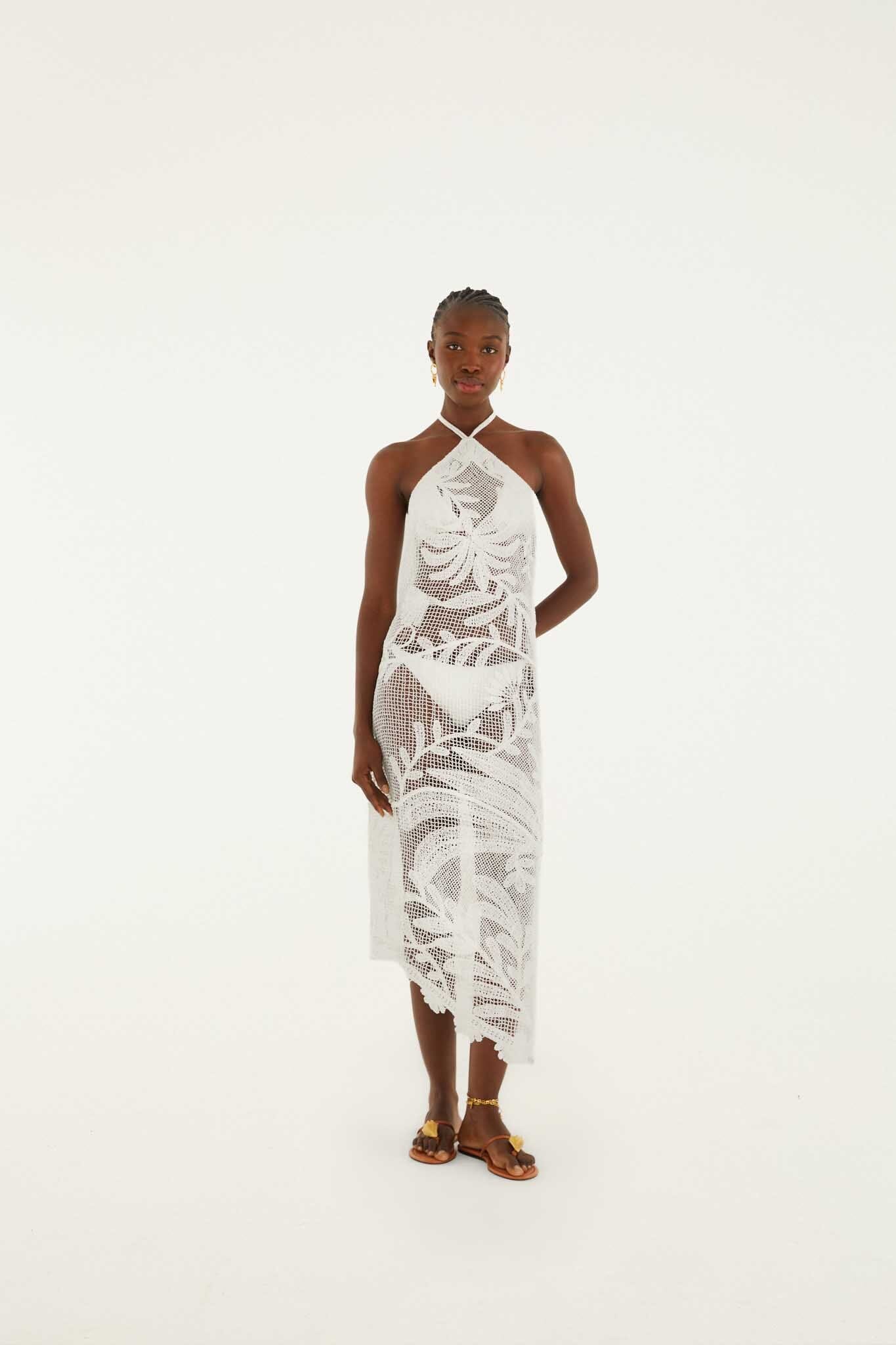 White Crochet Halter Neck Sheer Midi Dress - Image 3
