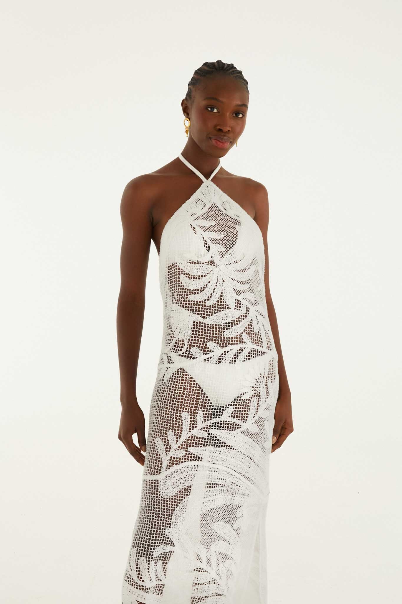 White Crochet Halter Neck Sheer Midi Dress - Image 4