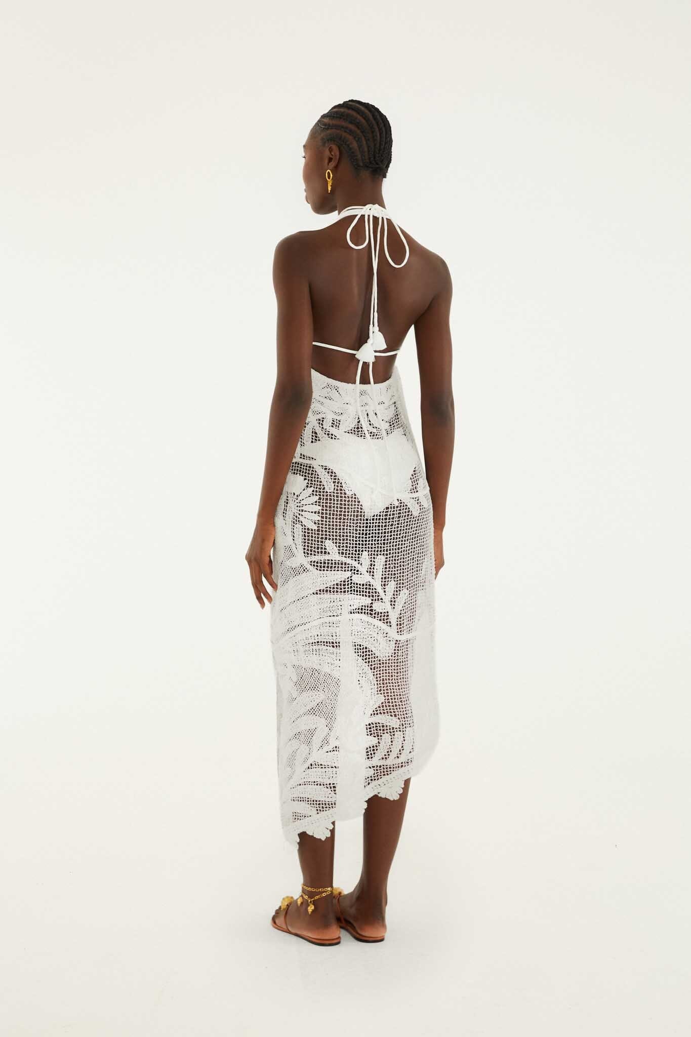 White Crochet Halter Neck Sheer Midi Dress - Image 5