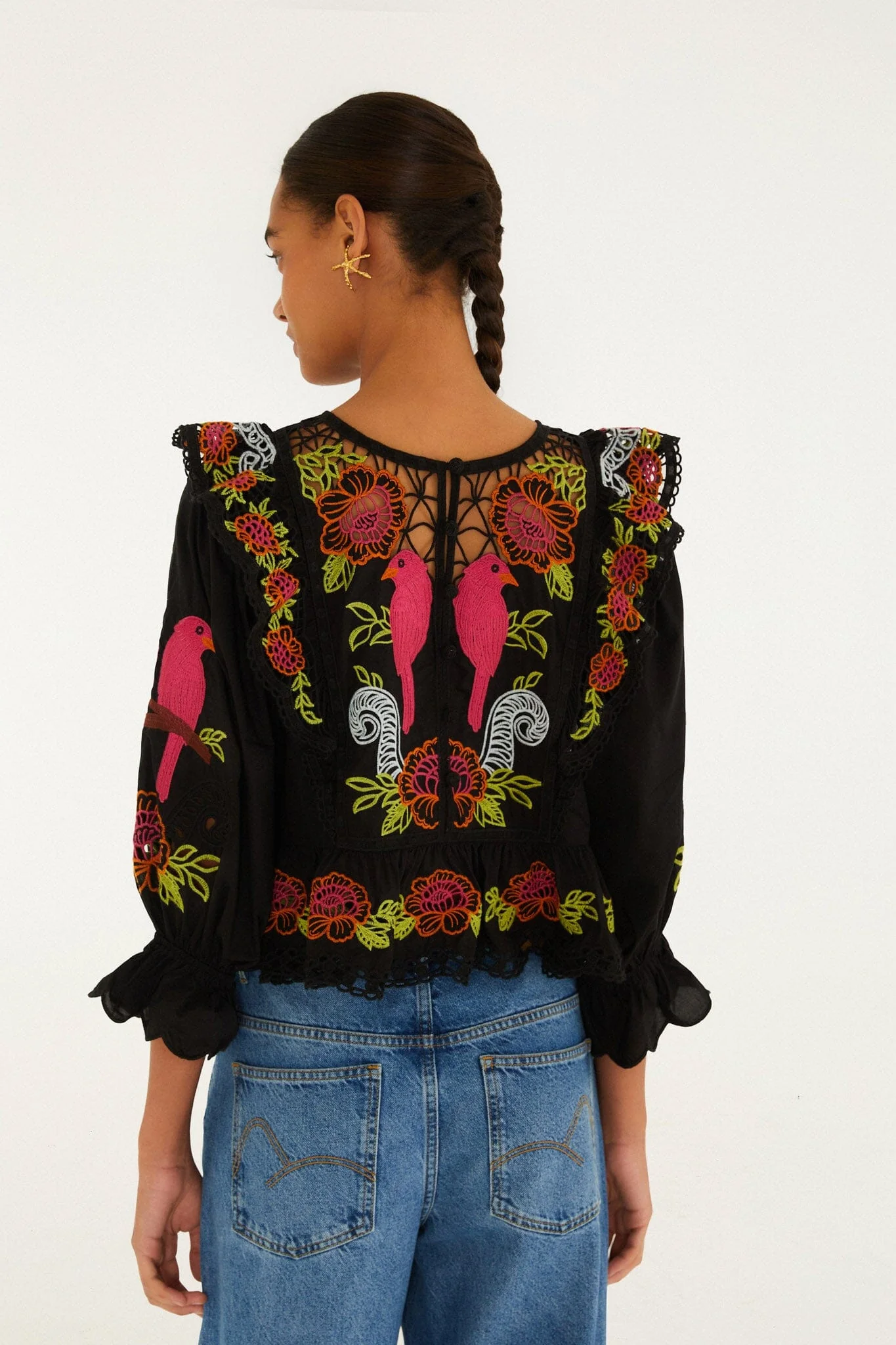 Black Mujeres Y Flores Embroidered  Richelieu Blouse - Image 3