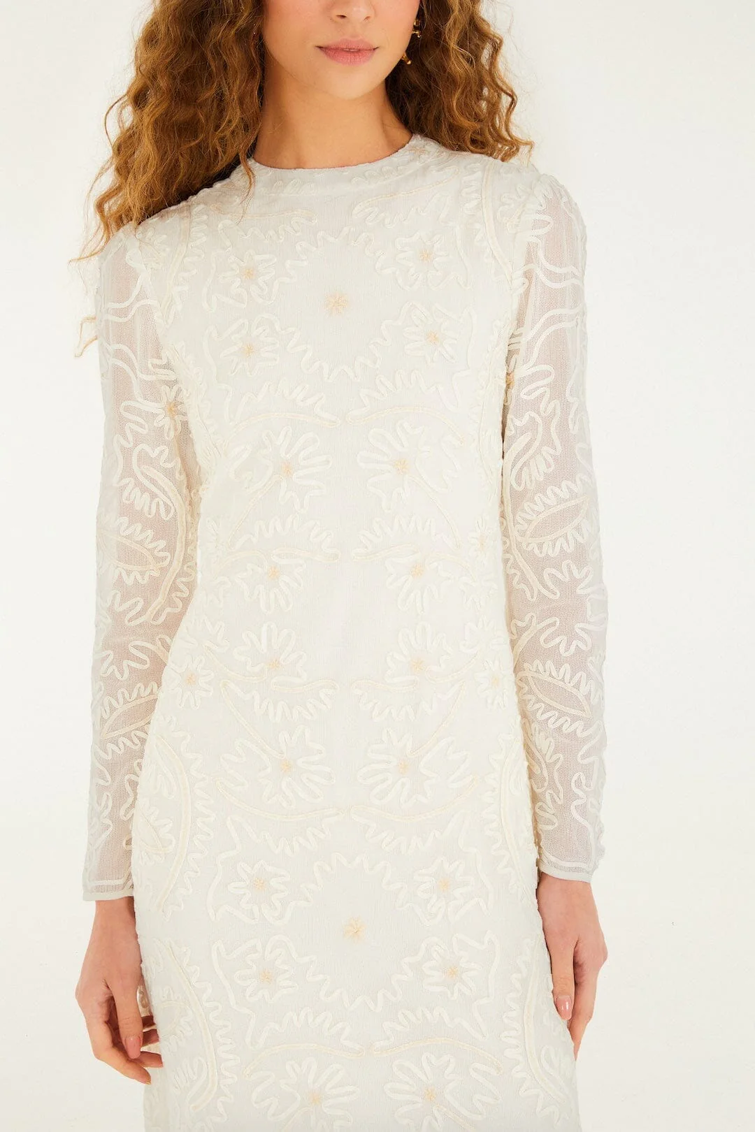 Off-White Embroidered Crew Neck Long Sleeve Maxi Dress - Image 2