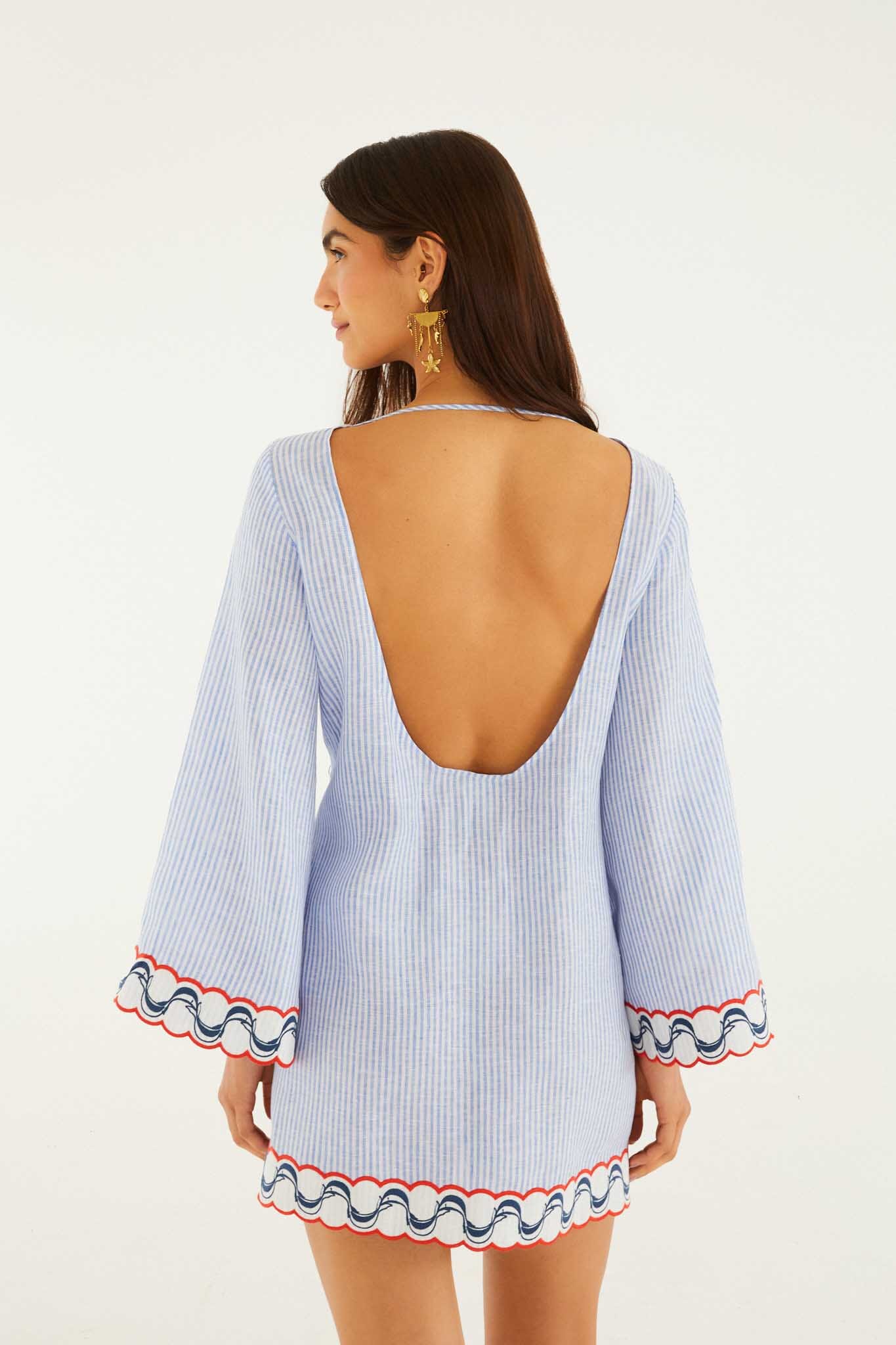 Blue Stripes Embroidered Open Back Mini Dress - Image 3