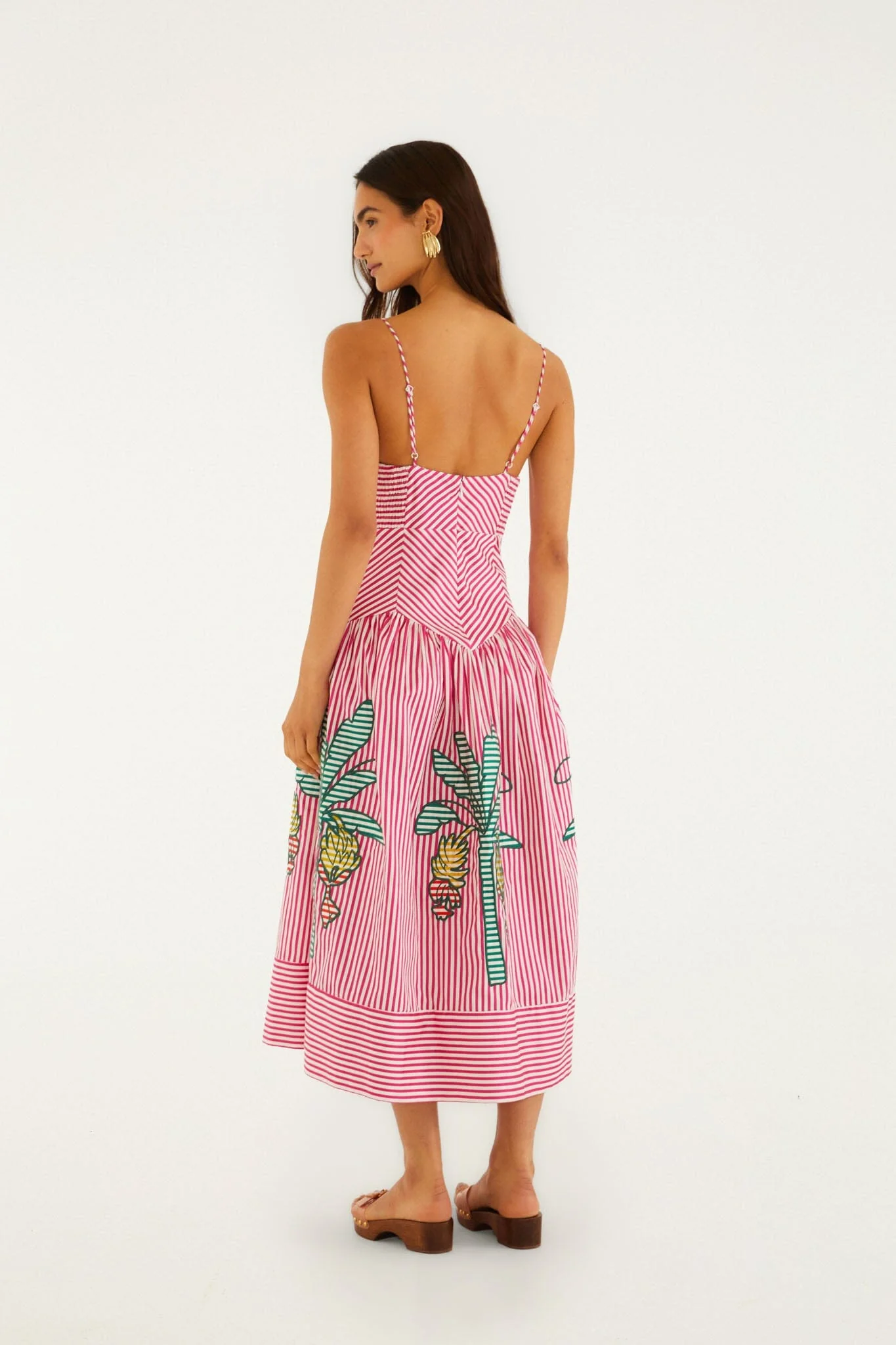 Pink Palm Tree Stripes Cutwork  Midi Dress - Image 3
