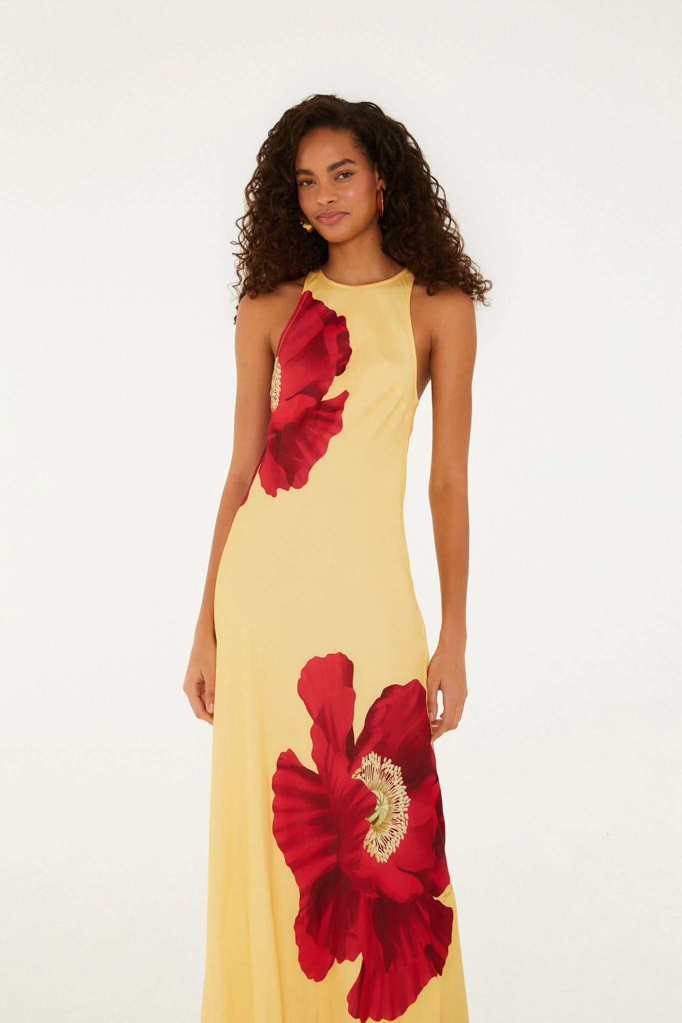 Light Yellow Poppy Flowers Sleeveless  Maxi Dress - Image 3