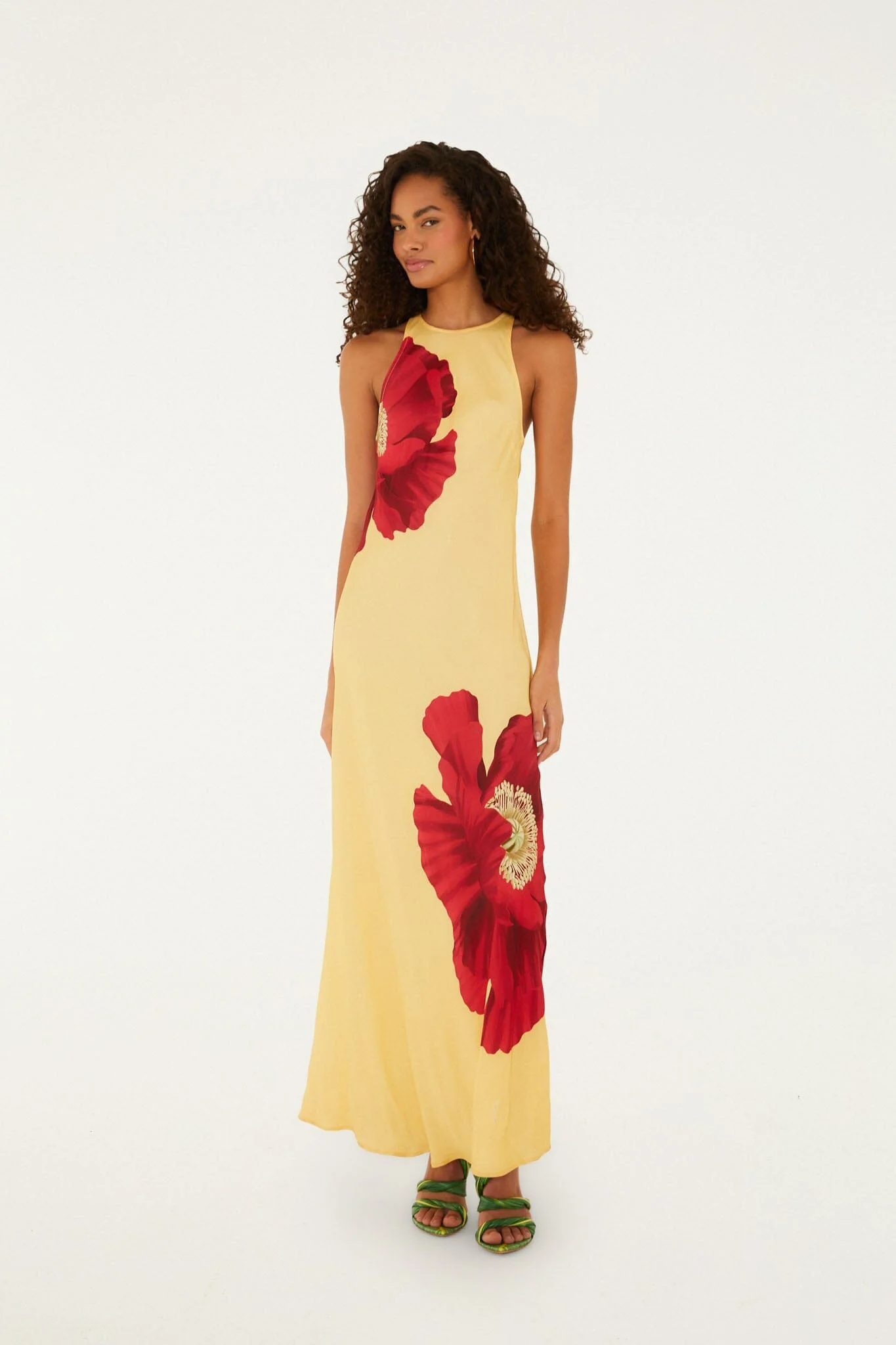 Light Yellow Poppy Flowers Sleeveless  Maxi Dress - Image 6