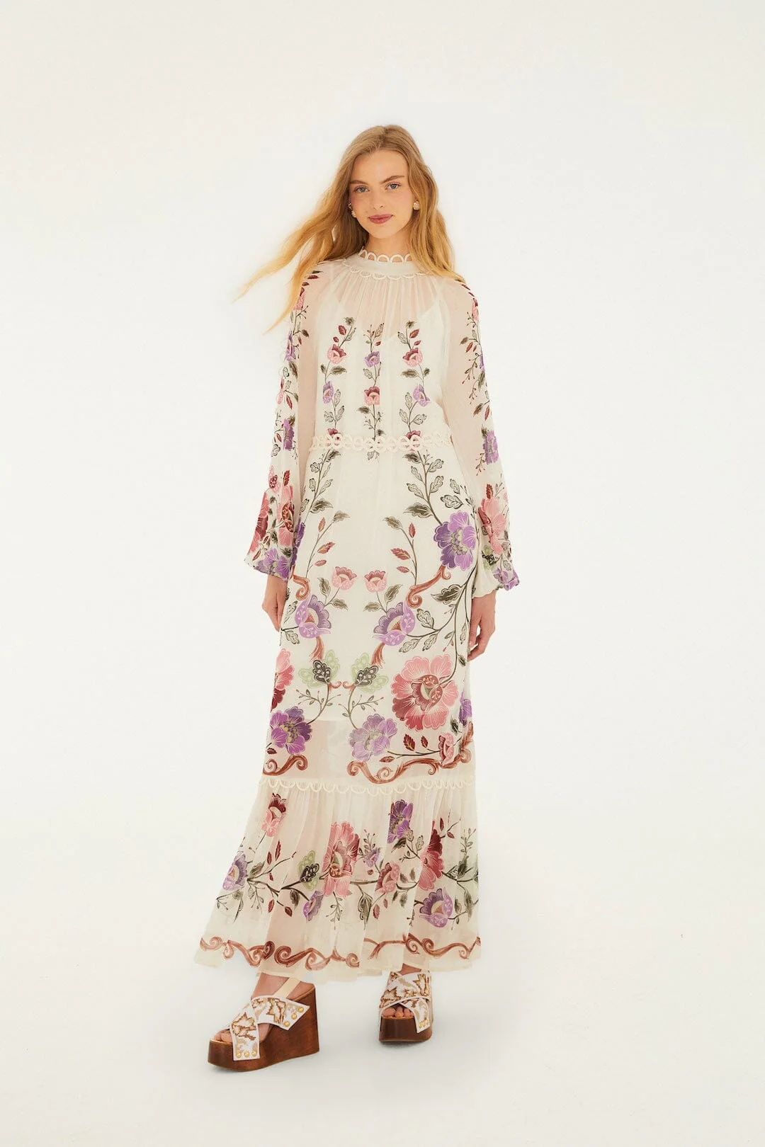 Cream Rococo Flowers Lace Maxi Dress